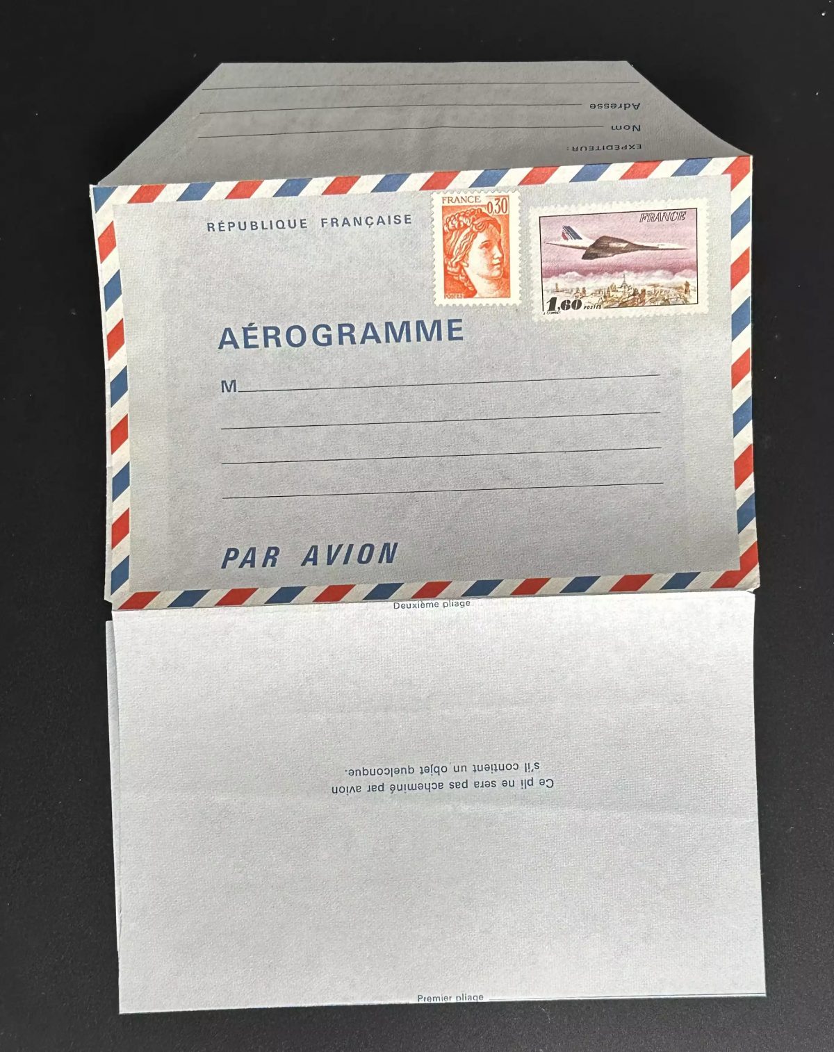 Aerogram France BY PLANE Sabine and Concorde stamps new uncirculated