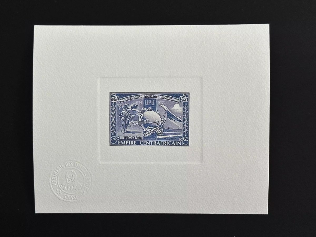 Centrafrique 1978 Mi. 547 épreuve d'artiste UPU Poste Télécommunications bleu