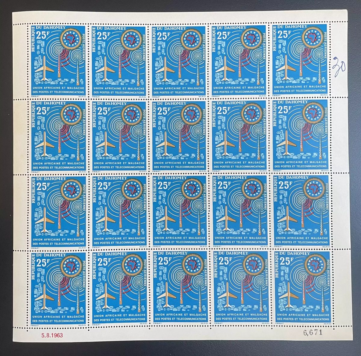 Dahomey 1963 YT PA 23 sheet UAMPT telecommunications aircraft Africa