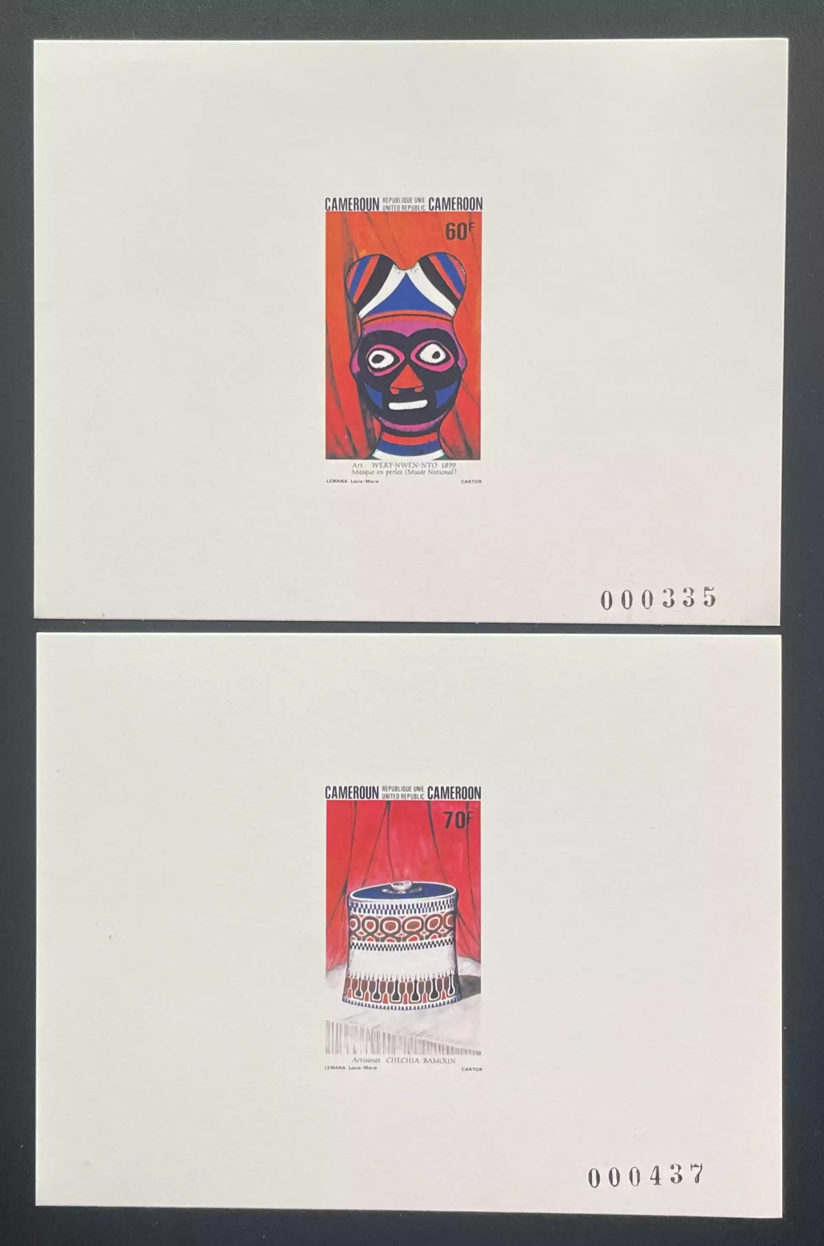 Cameroun 1983 Mi. 1014 - 1015 épreuve de luxe masque perles artisanat art