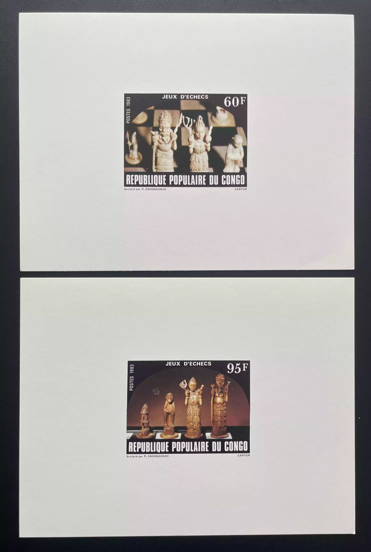 Congo 1983 Mi. 908 - 909 épreuve de luxe Jeux échecs pièces sculptées