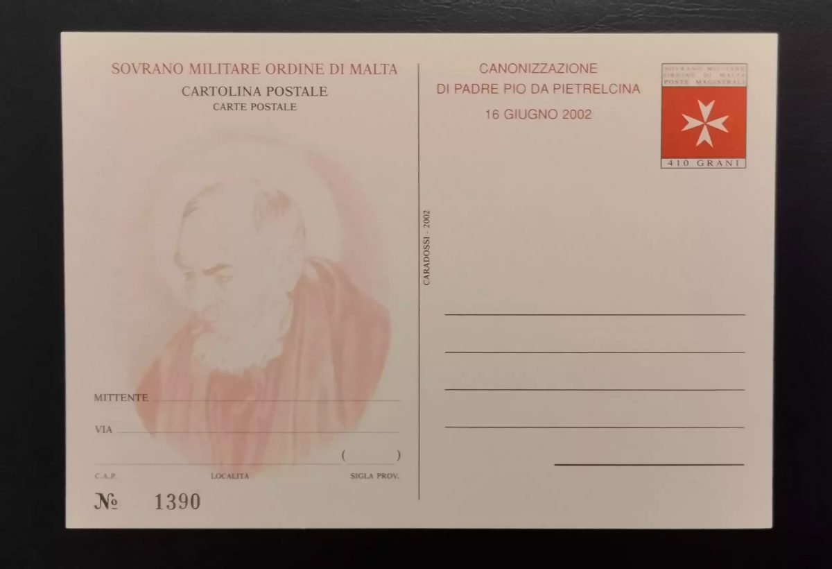 SMOM Cartolina postale Ordre de Malte canonisation Padre Pio 2002 neuve