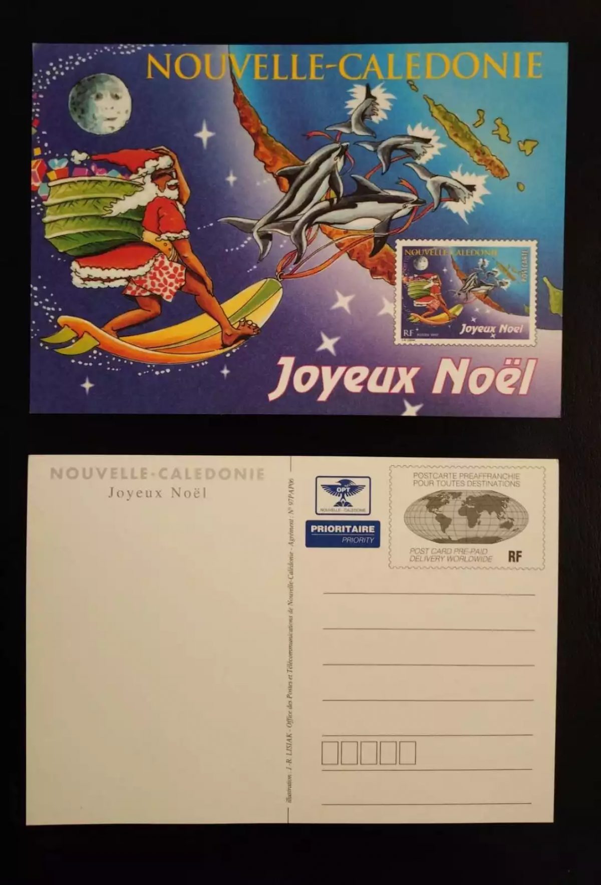 New Caledonia stationery postal card Merry Christmas dolphins Santa surf