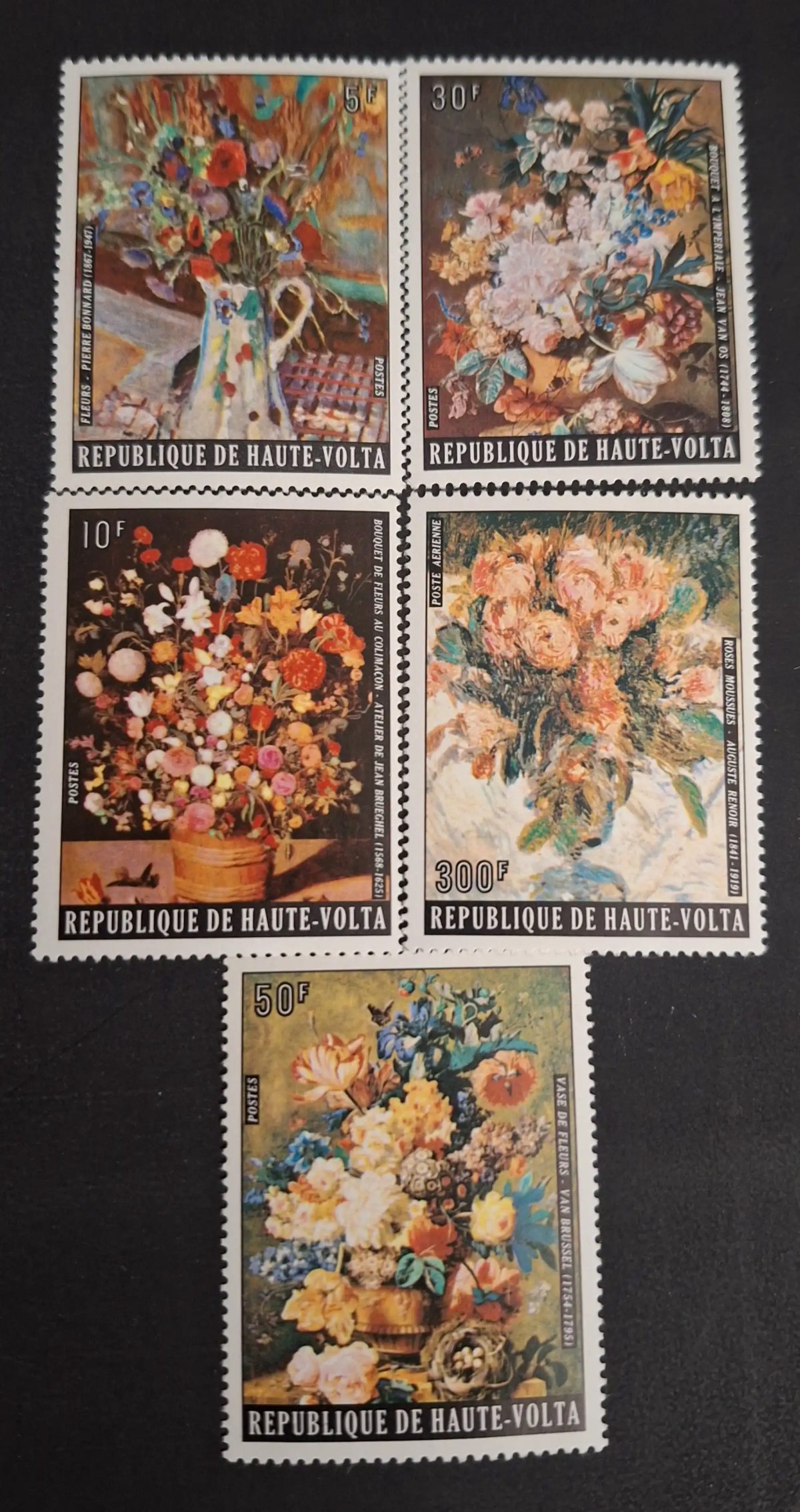 Upper Volta 1974 Mi. 539-543 flower paintings Bonnard Renoir Brueghel