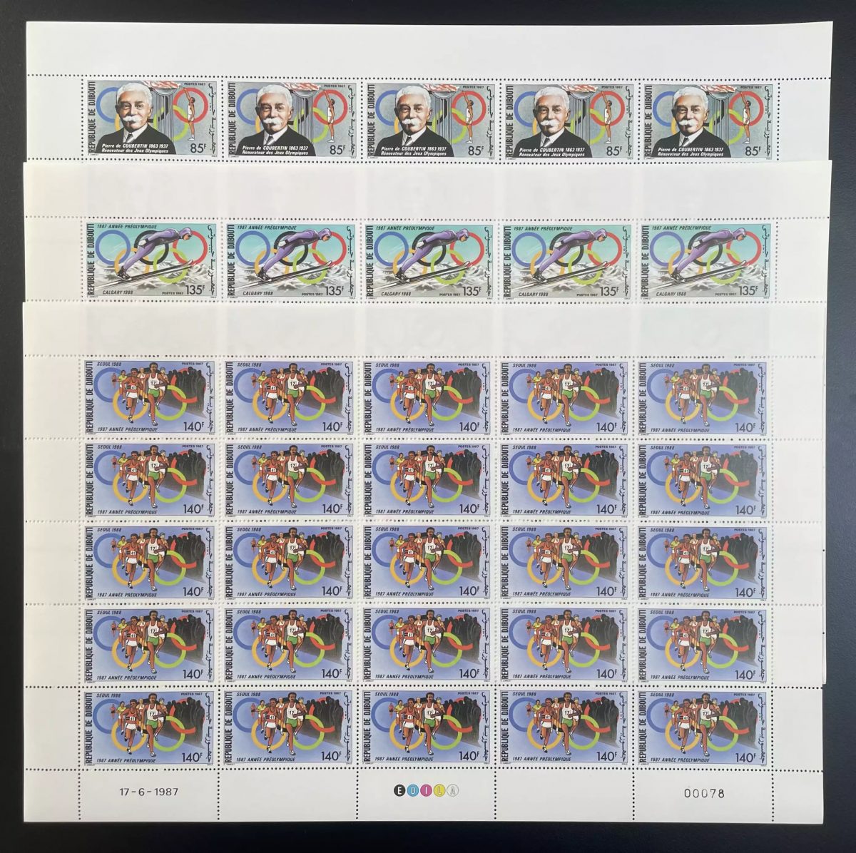 Djibouti 1987 YT 636-638 planche Coubertin Jeux Olympiques Calgary Seoul