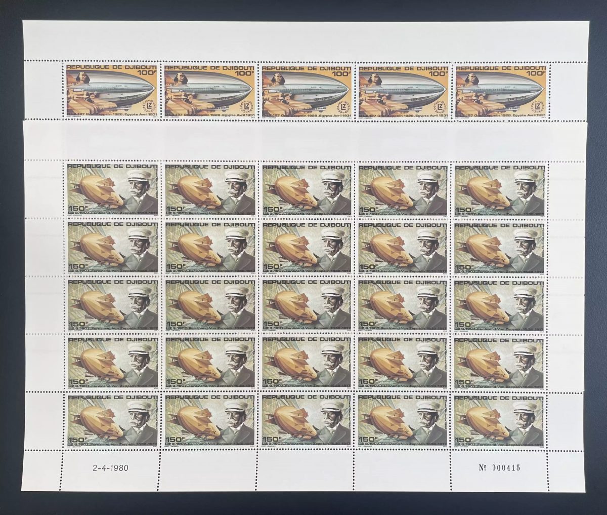 Djibouti 1980 YT PA 144-145 sheet Zeppelin airship Egypt Sphinx