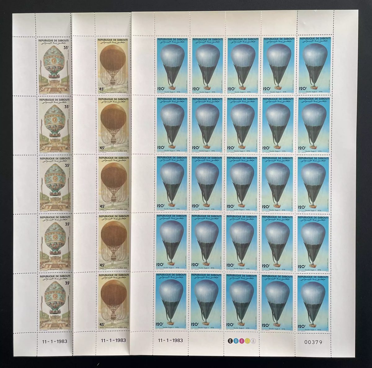 Djibouti 1983 YT PA 178-180 planche ballons Montgolfière Double Eagle