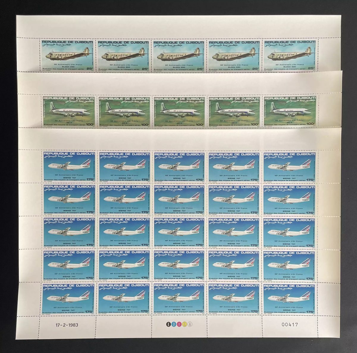 Djibouti 1983 YT PA 183-185 Air France Boeing 747 DC-4 Bloch 220 sheet