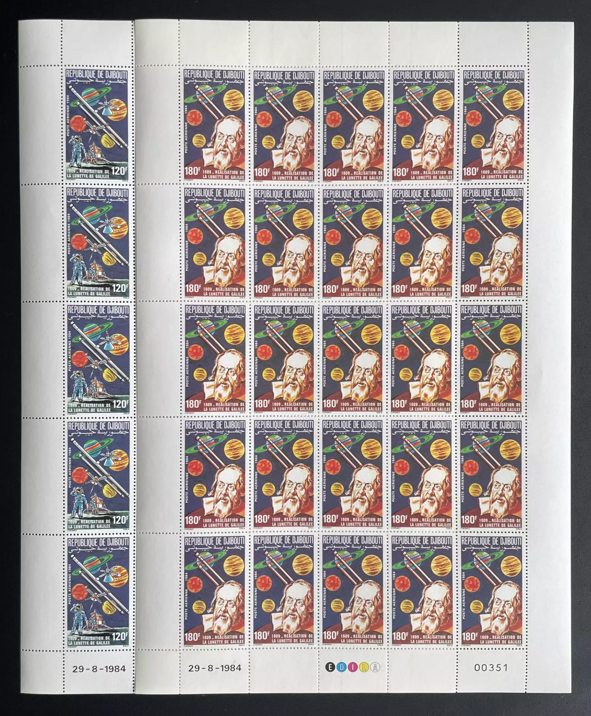 Djibouti 1984 YT PA 213-214 planche Galilée lunette astronomie planètes espace
