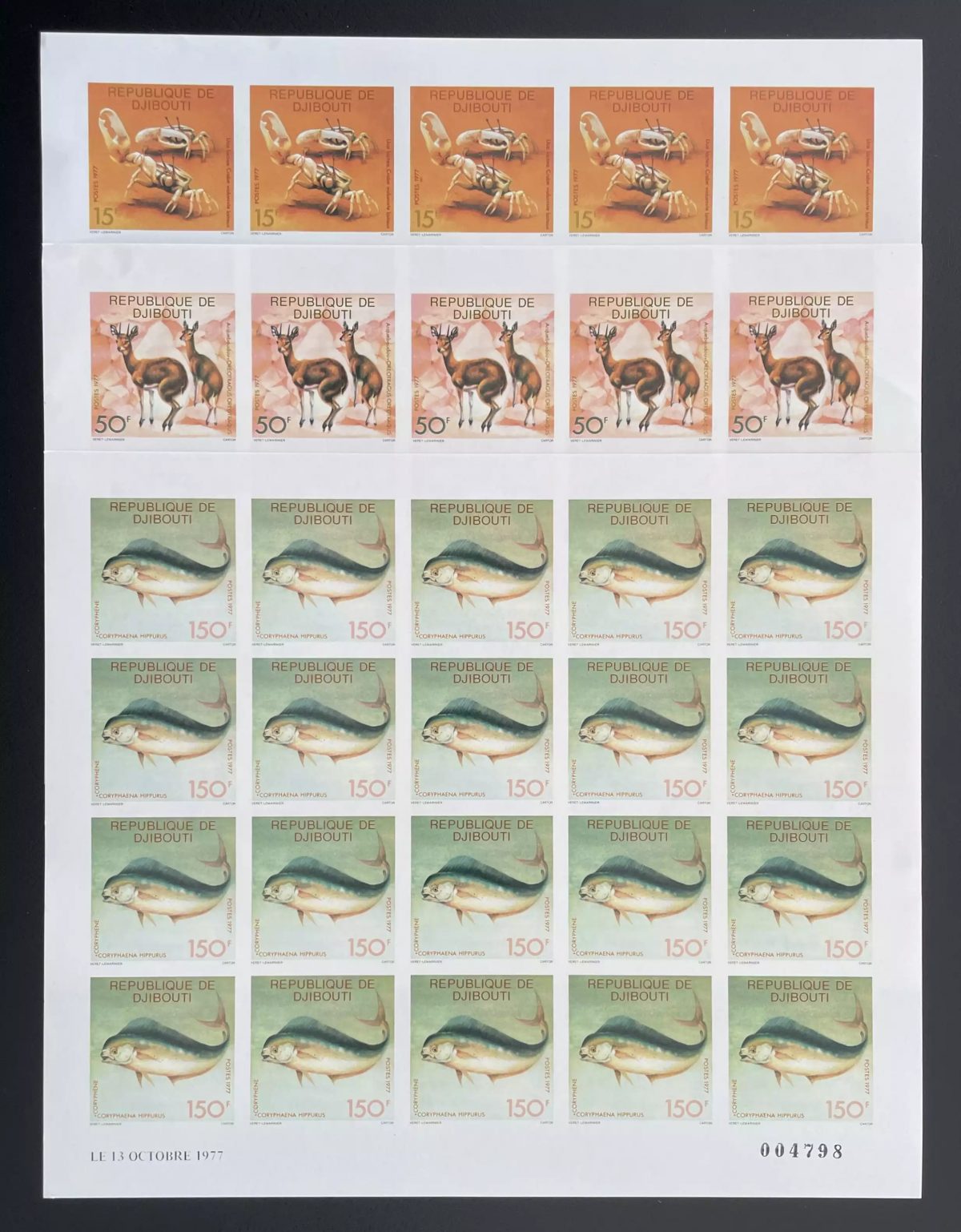 Djibouti 1977 YT 473-475 ND planche crustacé antilope poisson faune
