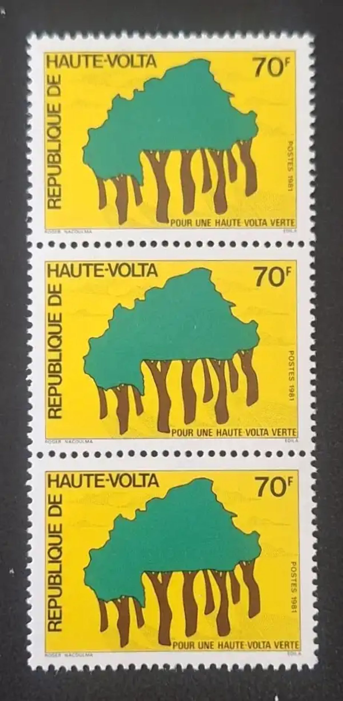 Upper Volta 1981 Mi. 834 strip of 3 green card trees reforestation