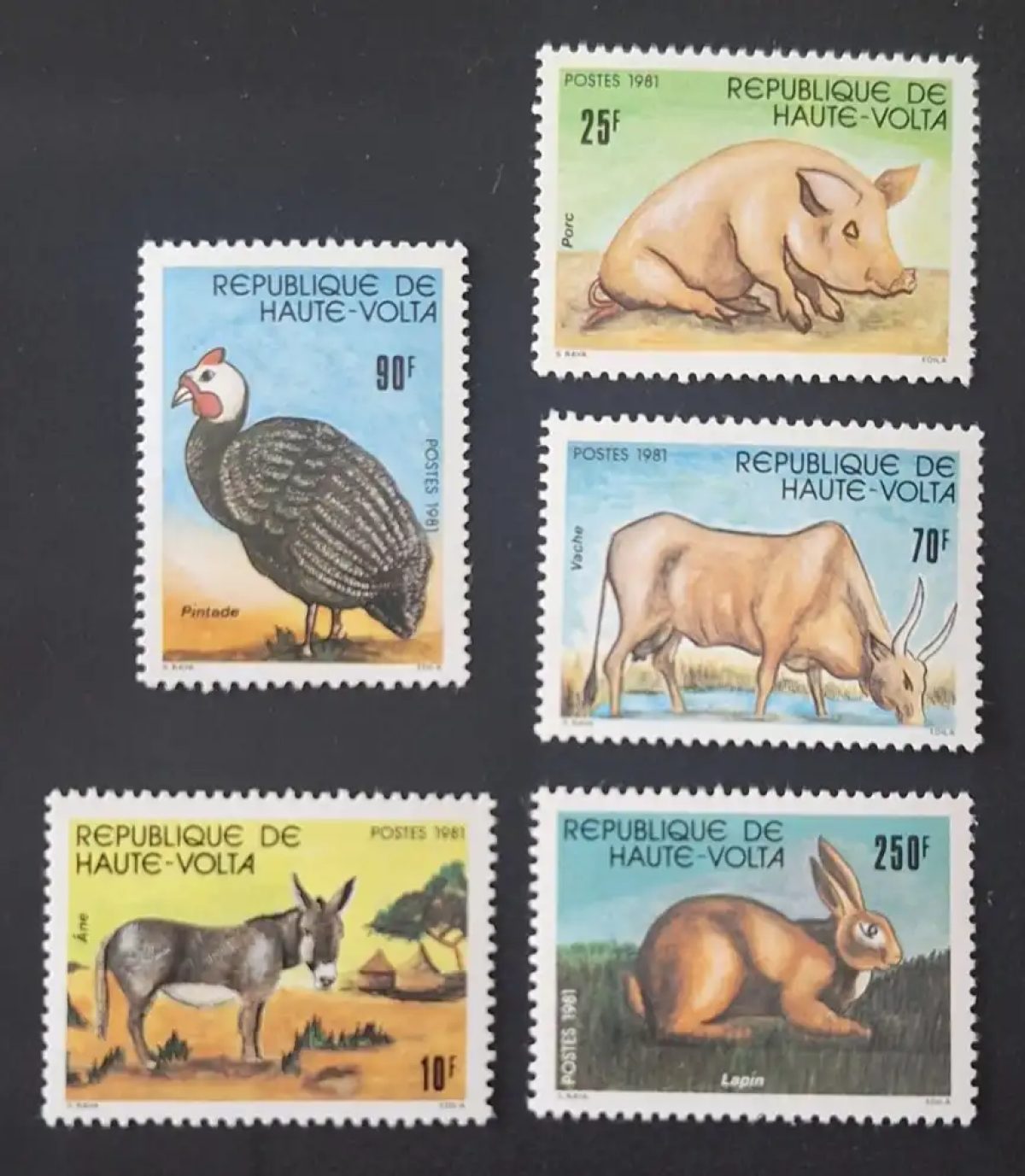 Haute-Volta 1981 Mi. 851-855 animaux ferme pintade porc vache âne lapin