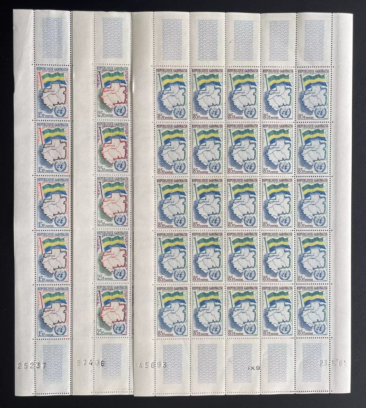 Gabon 1961 YT 150-152 planche ONU drapeau carte Libreville admission
