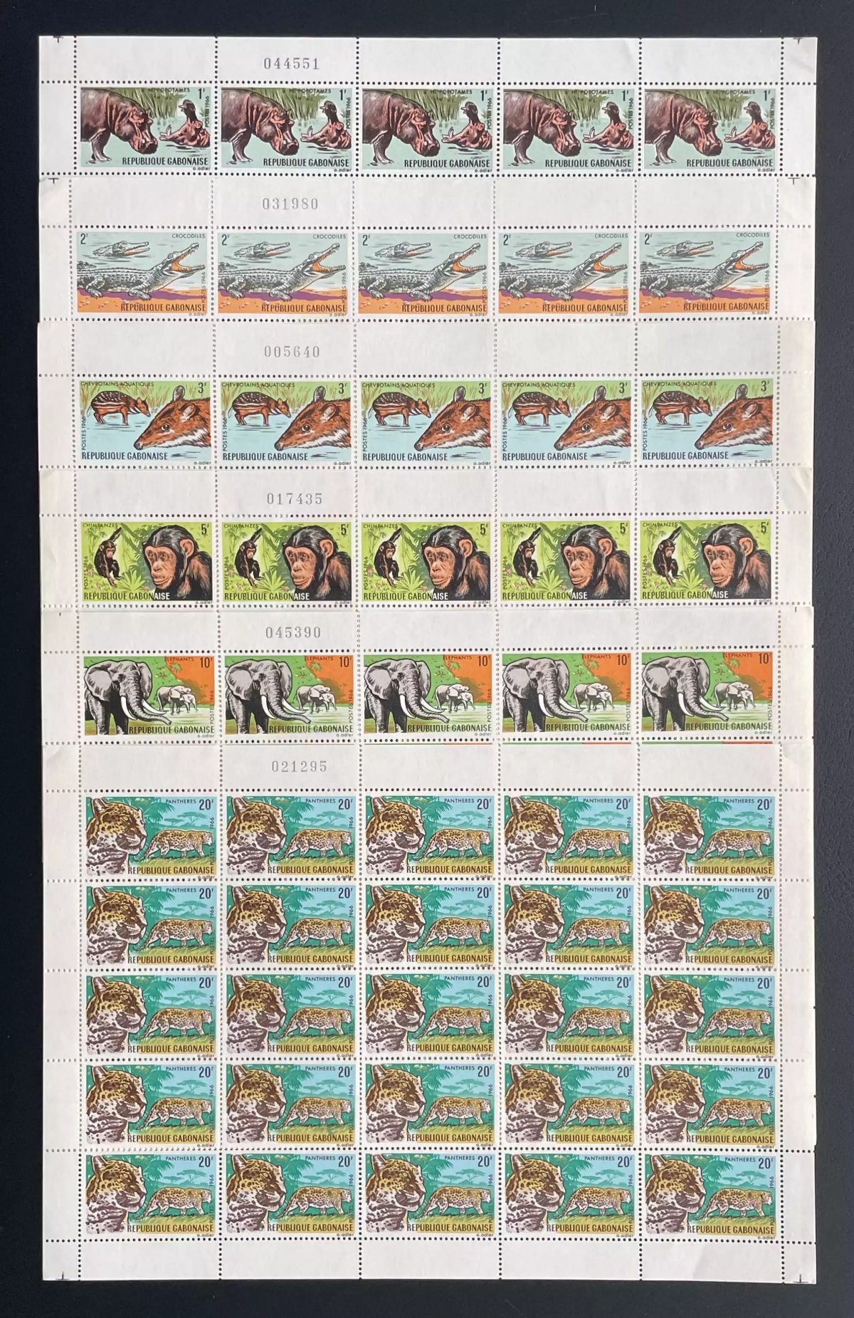 Gabon 1967 YT 202-207 planche faune hippopotame crocodile panthère éléphant