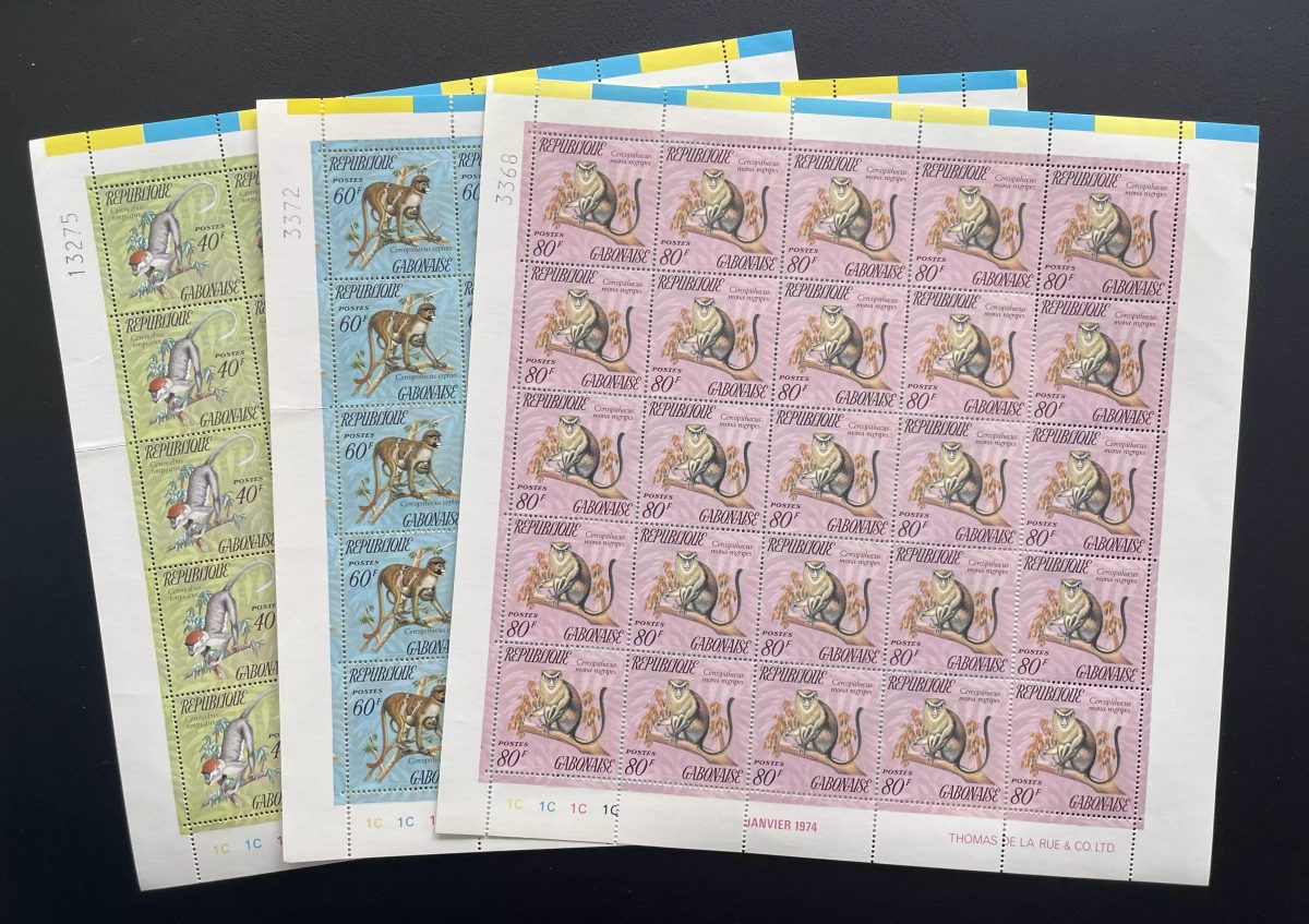 Gabon 1974 YT 329-331 planche singes primates cercopithèques faune animaux