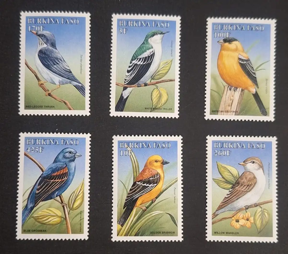 Burkina Faso 1998 Mi. 1545-1550 oiseaux chardonneret moineau fauvette