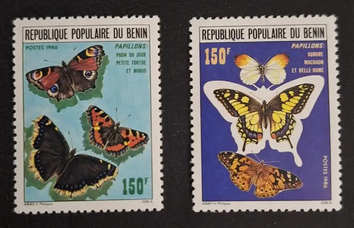 Bénin 1986 Mi. 446-447 papillons machaon aurore belle-dame paon morio