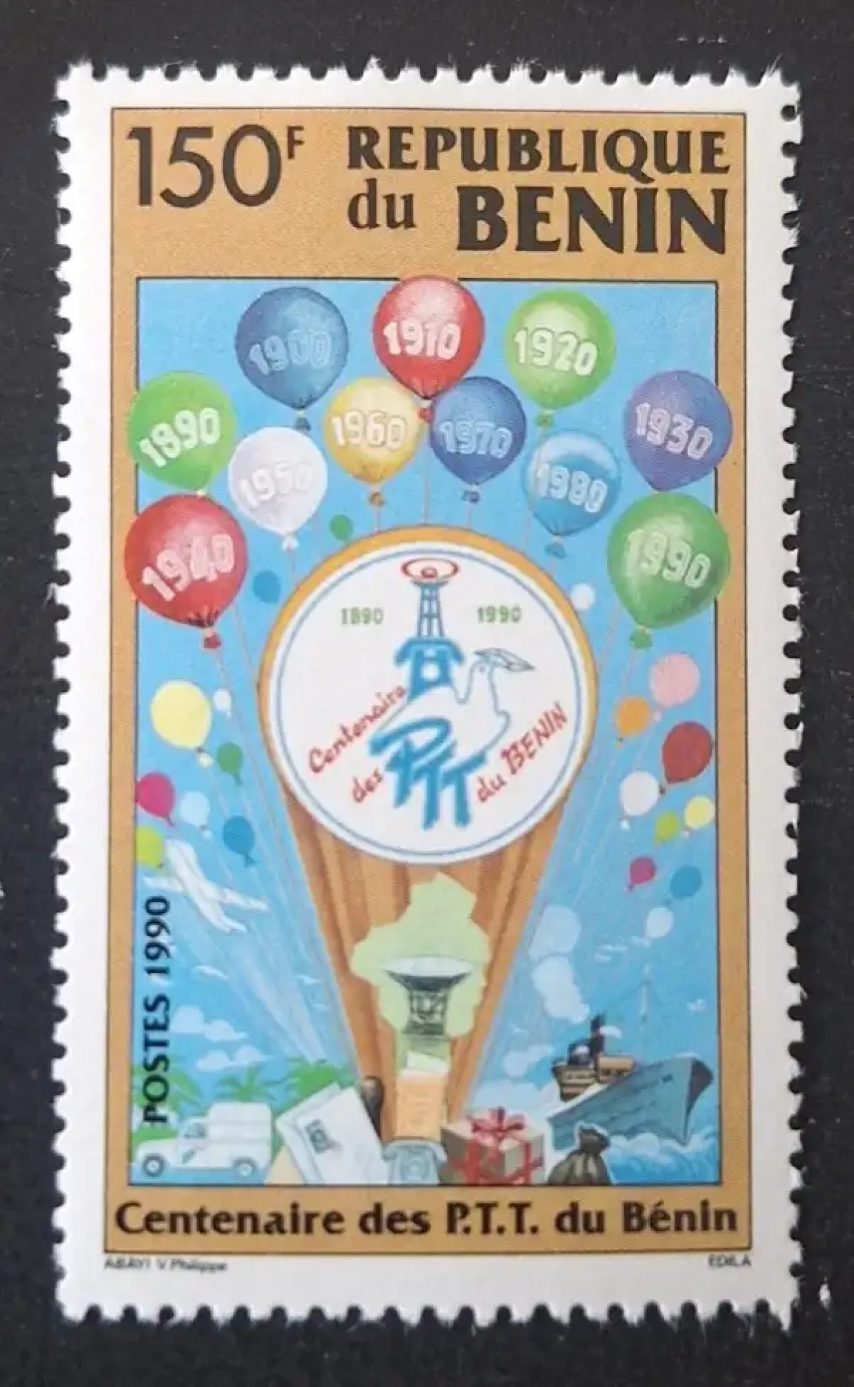Benin 1990 Mi. 497 PTT Centenary Mail Balloons Telecommunications
