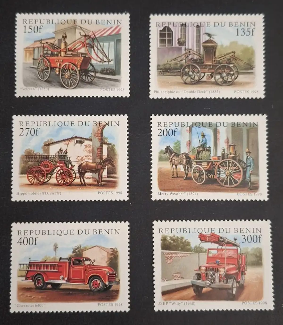 Bénin 1998 Mi. 1010-1015 pompiers véhicules incendie hippomobile