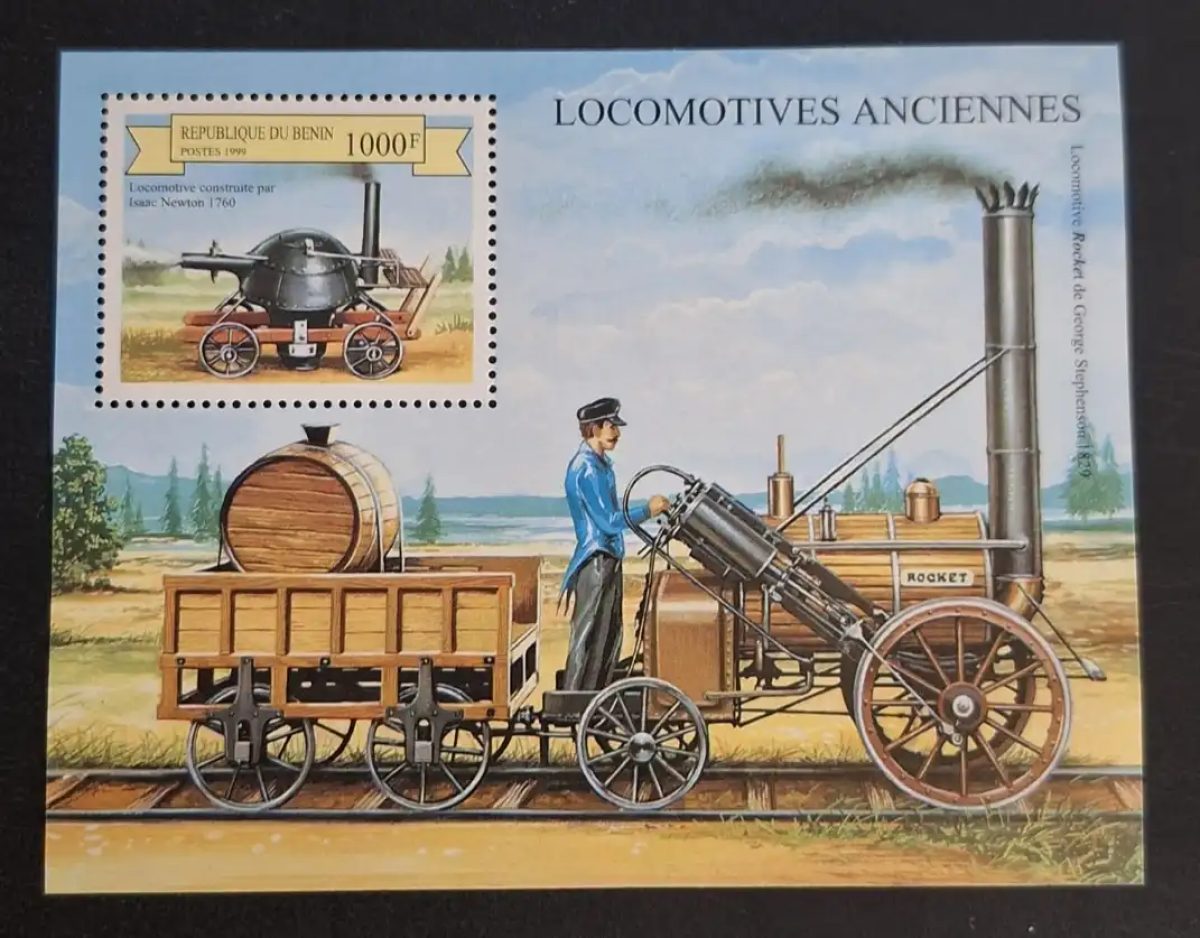 Bénin 1999 Mi. Bl. 50 Locomotives anciennes Rocket Stephenson Newton