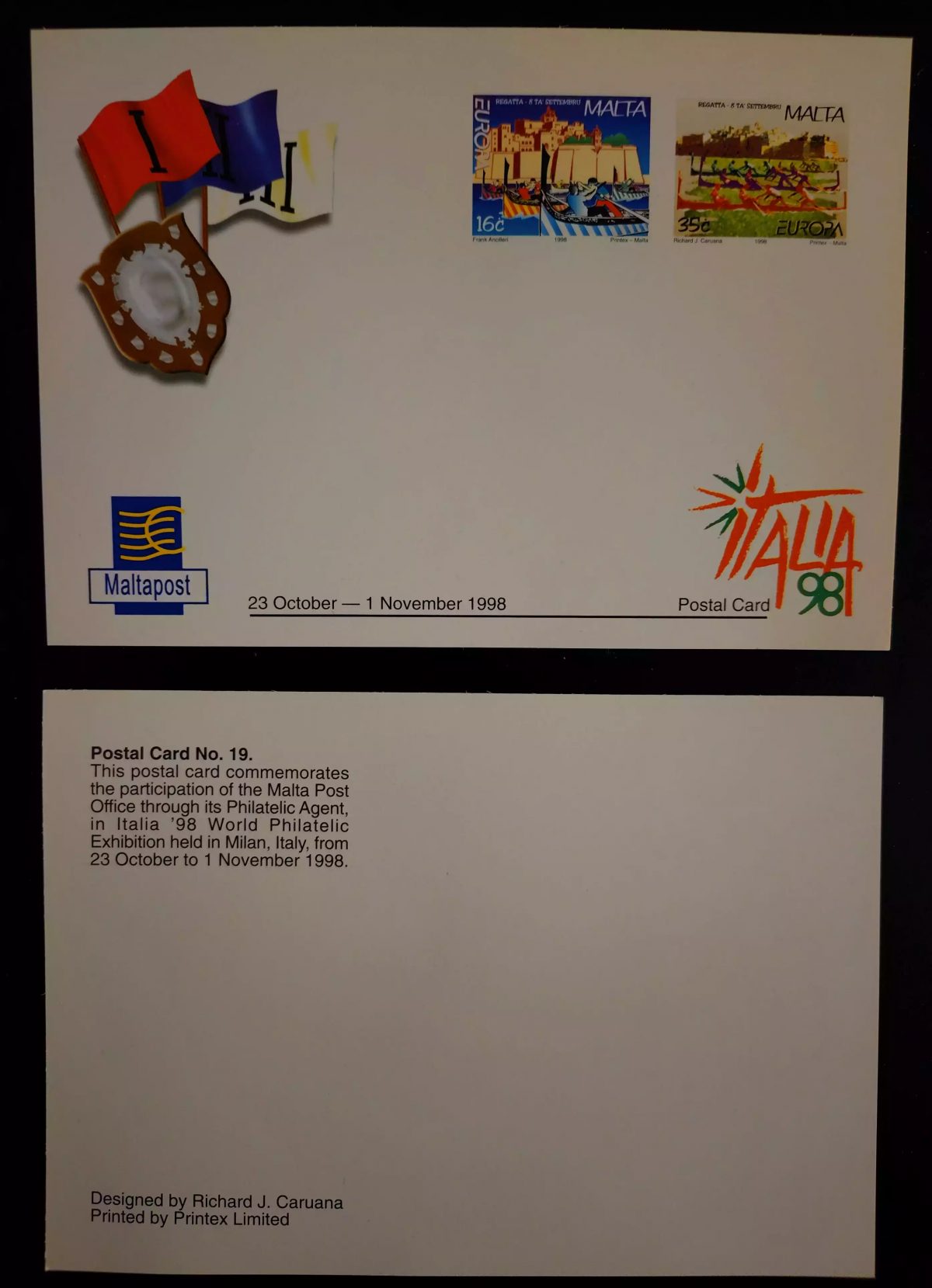 Malte 1998 entier postal carte n°19 Italia Milan exposition Regatta Europa CEPT