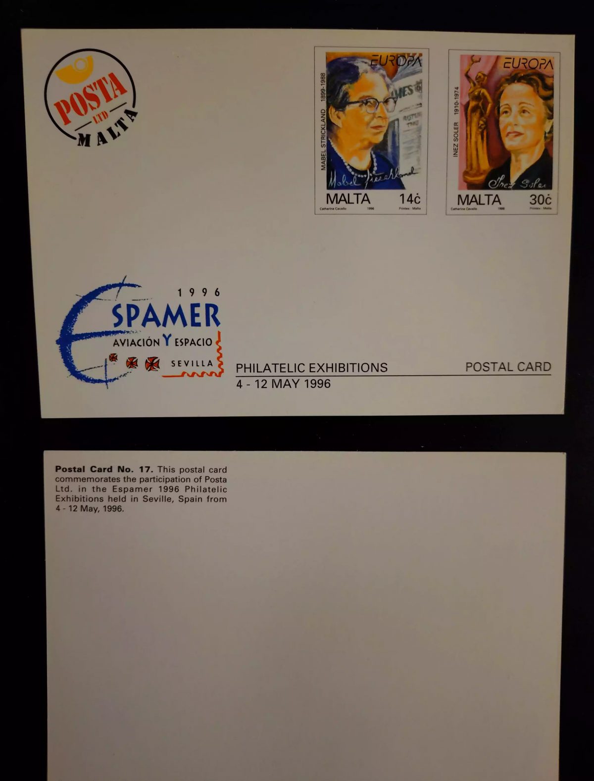 Malte entier postal carte Espamer 1996 CEPT Séville Europa Mabel Strickland