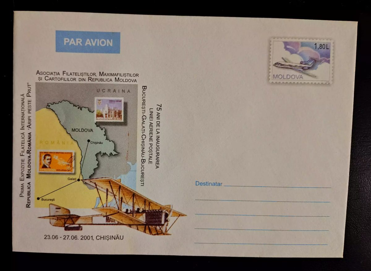 Moldova 2001 airmail stationery plane Chișinău philatelic association