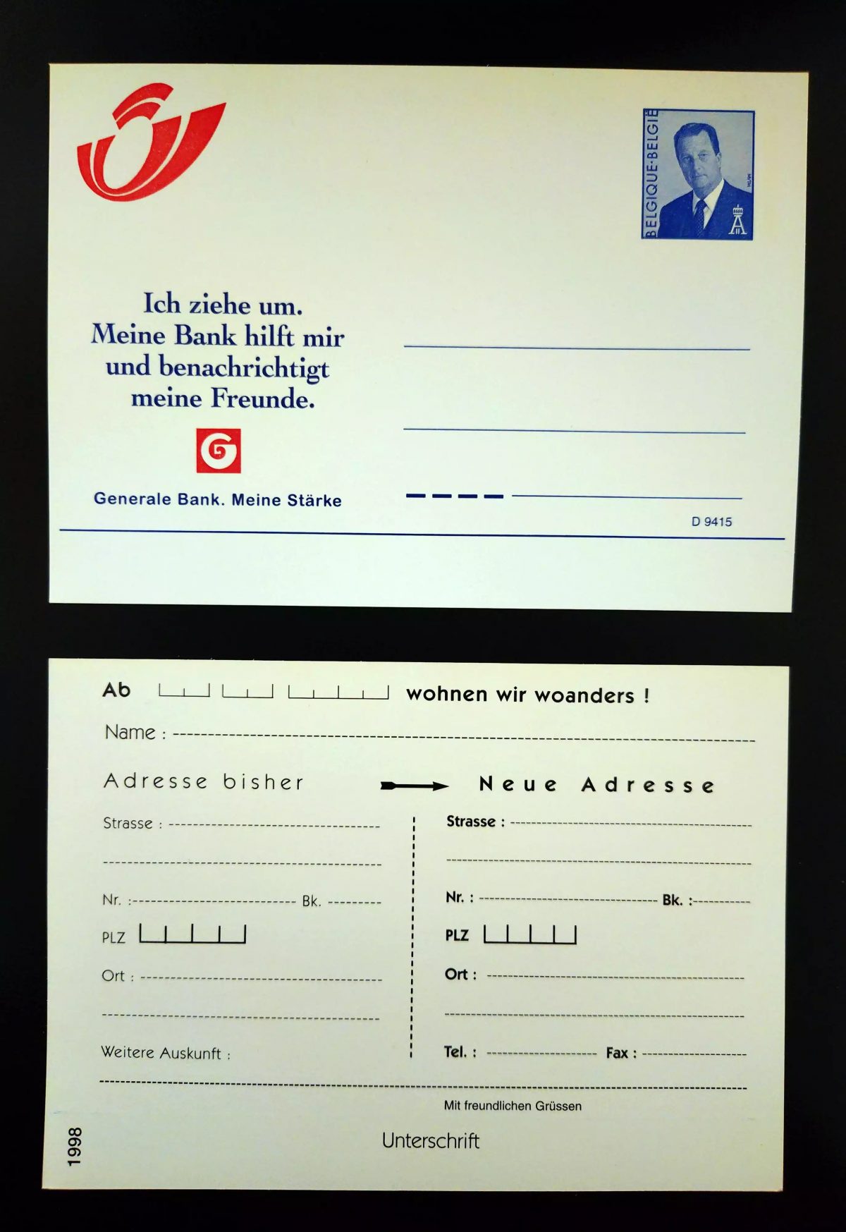 Belgique entier postal Generale Bank déménagement roi Albert II neuf DE