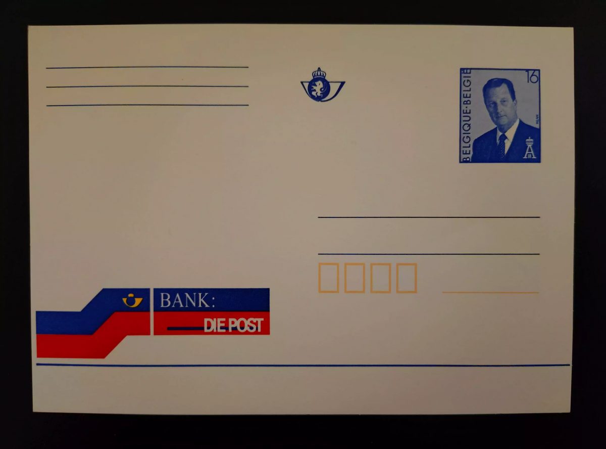 Belgique entier postal carte 16F Roi Albert II pub Bank Die Post neuf DE