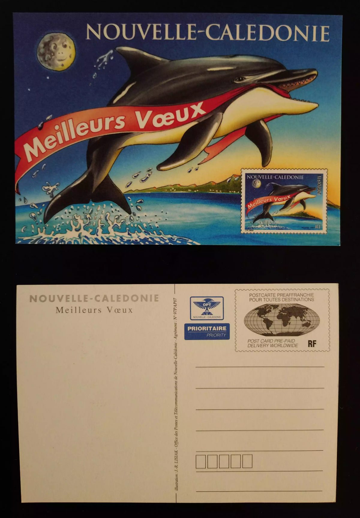 New Caledonia stationery postcard Best Wishes dolphins mint