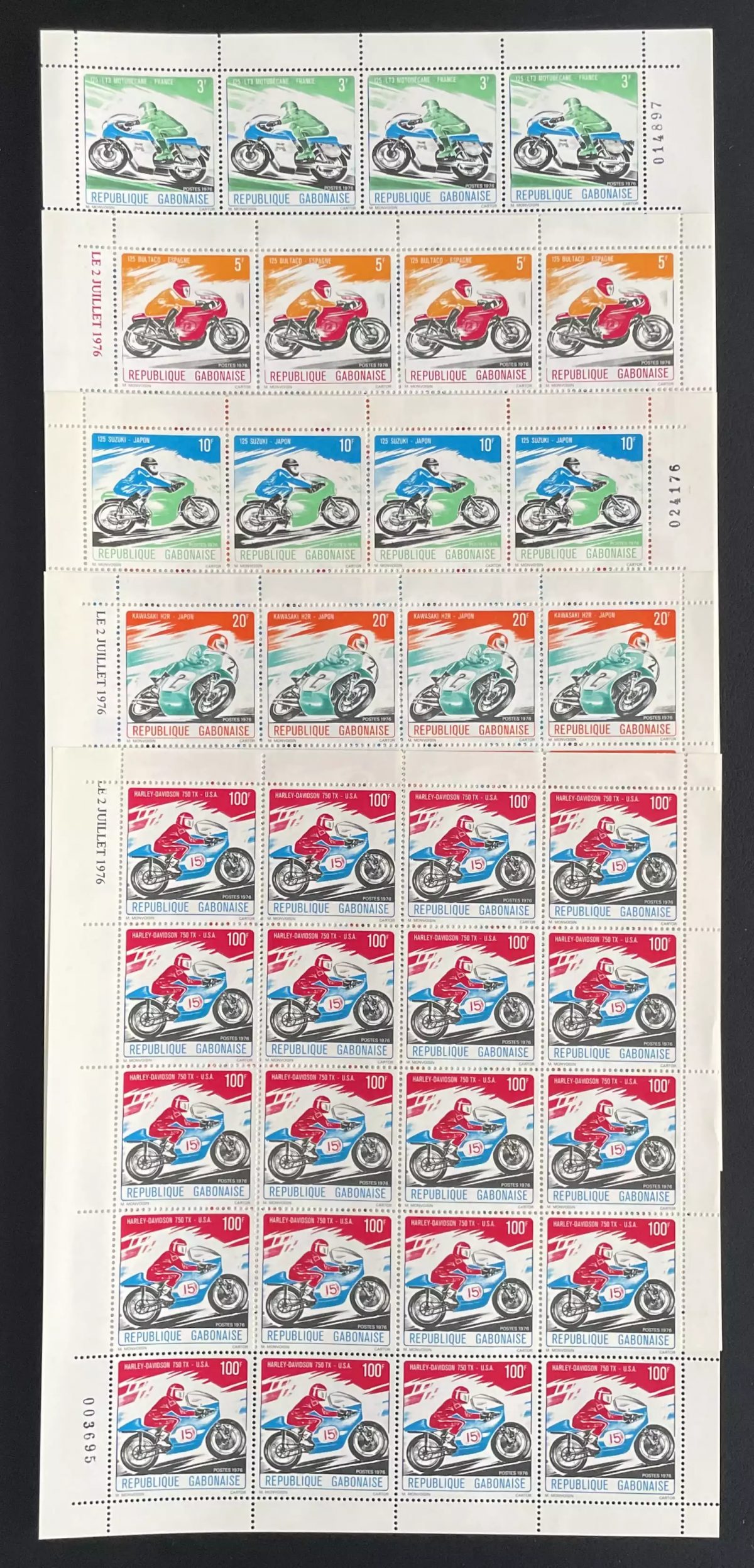 Gabon 1976 YT 360-364 planche motos Motobécane Bultaco Suzuki Kawasaki