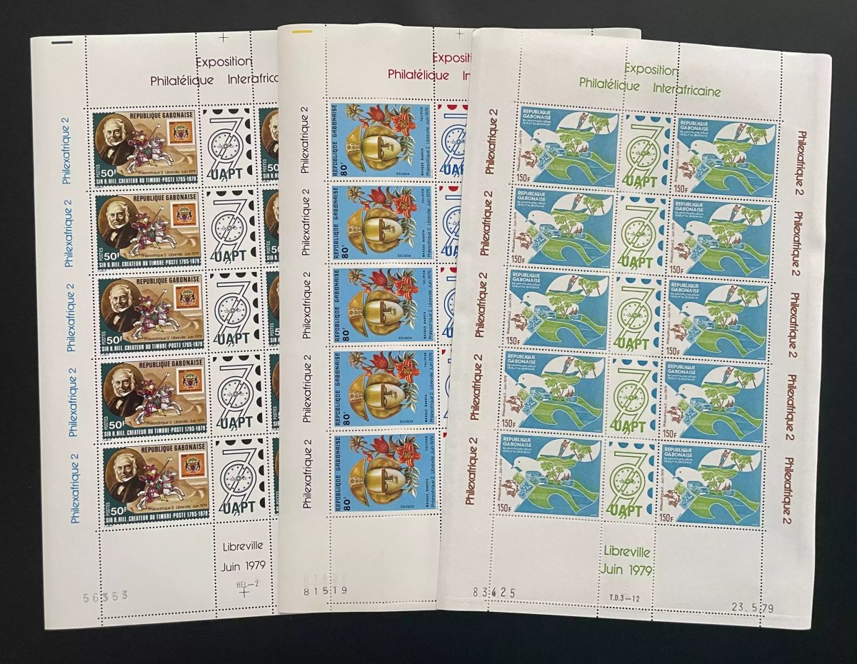Gabon 1979 YT 418A-420A planche Philexafrique 2 UAPT Hill fleurs poste