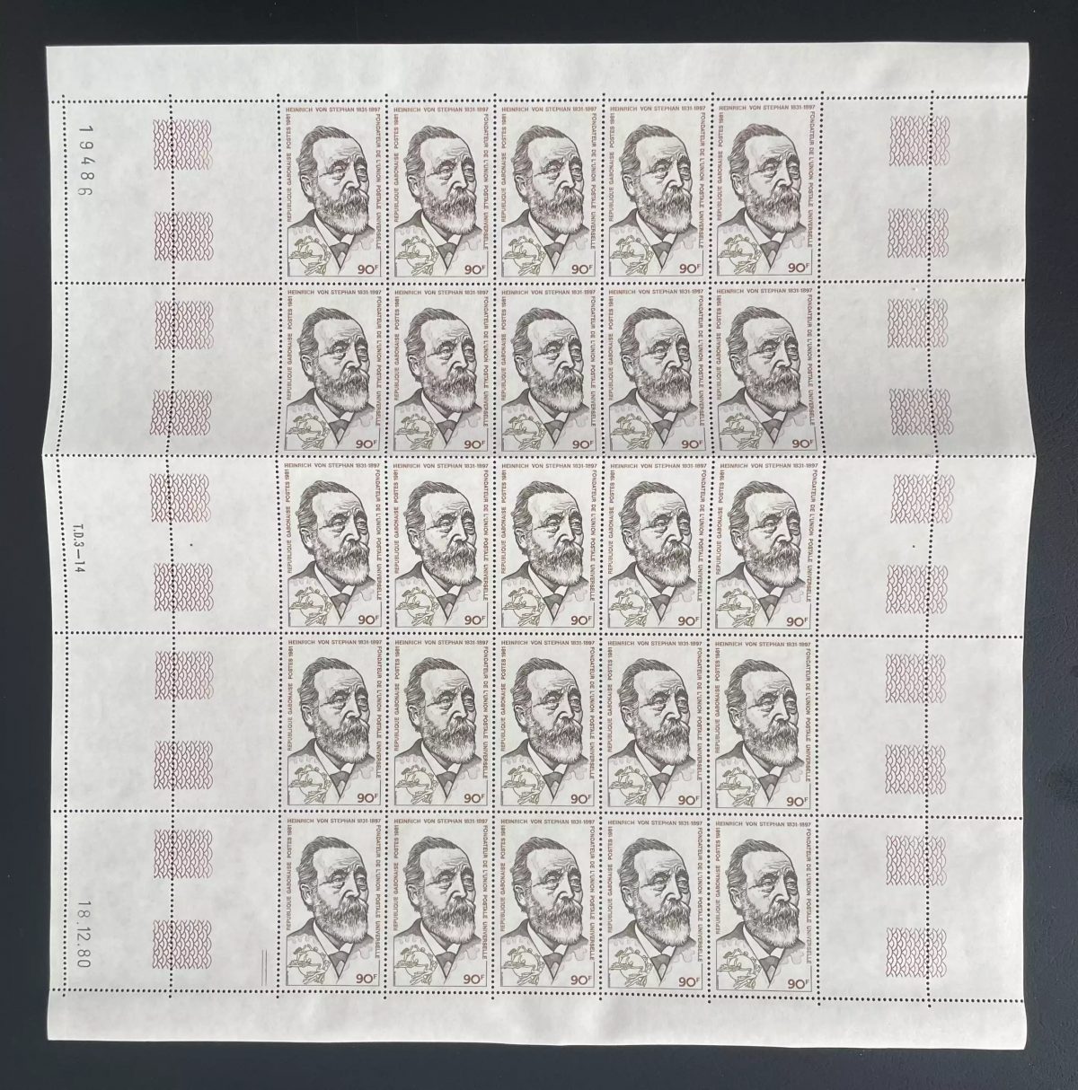 Gabun 1981 YT 448 Druckbogen Heinrich von Stephan UPU Weltpostverein