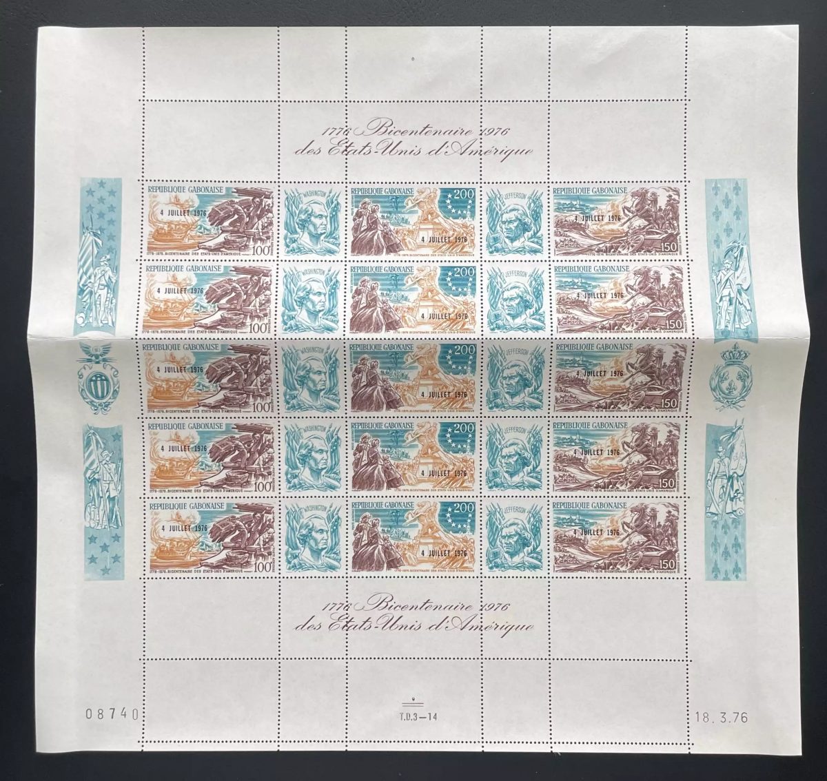 Gabon 1976 YT PA 183A surchargé planche Bicentenaire USA Washington Jefferson