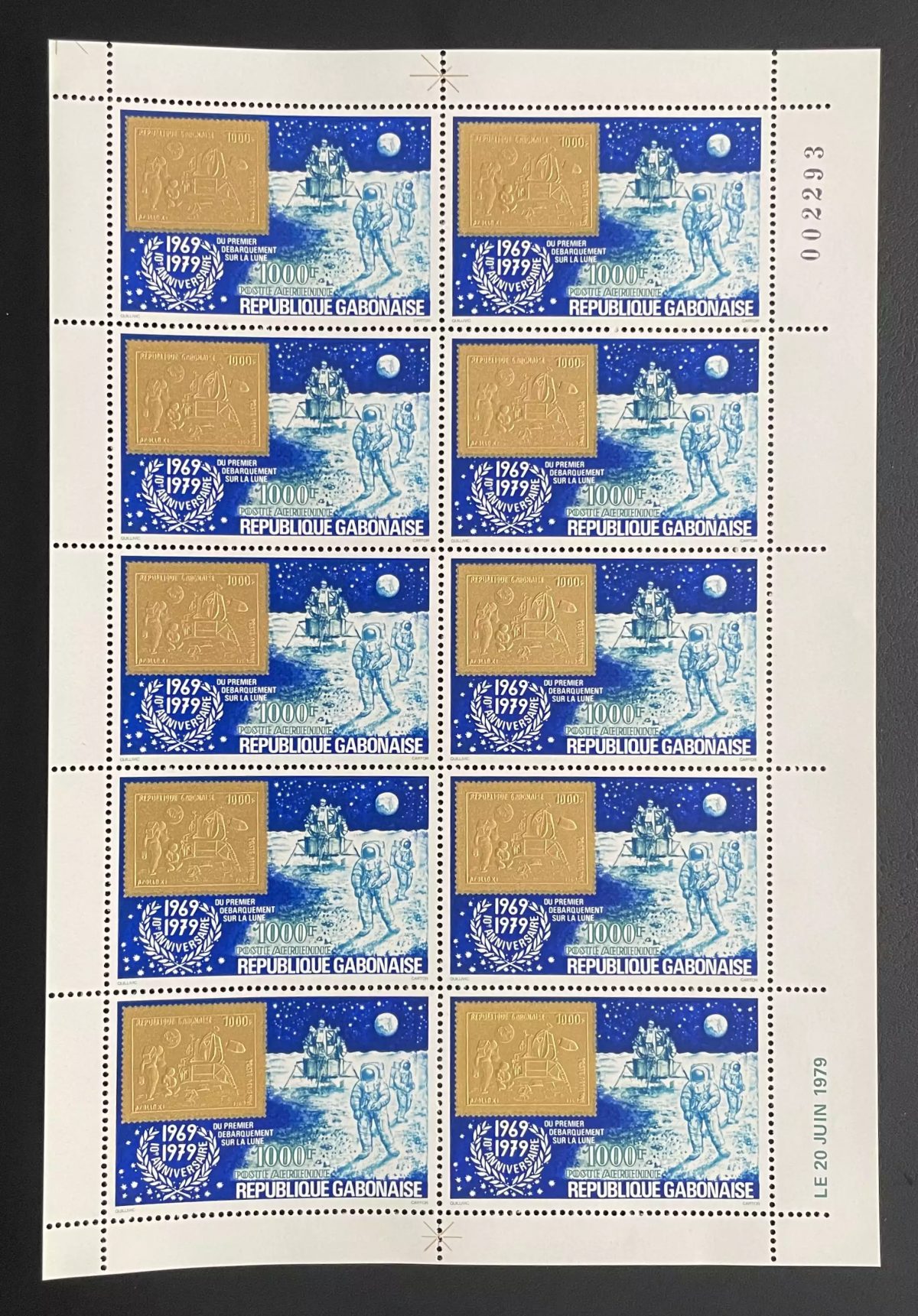 Gabon 1979 YT PA 223 planche Apollo XI Lune Espace Astronautes débarquement or
