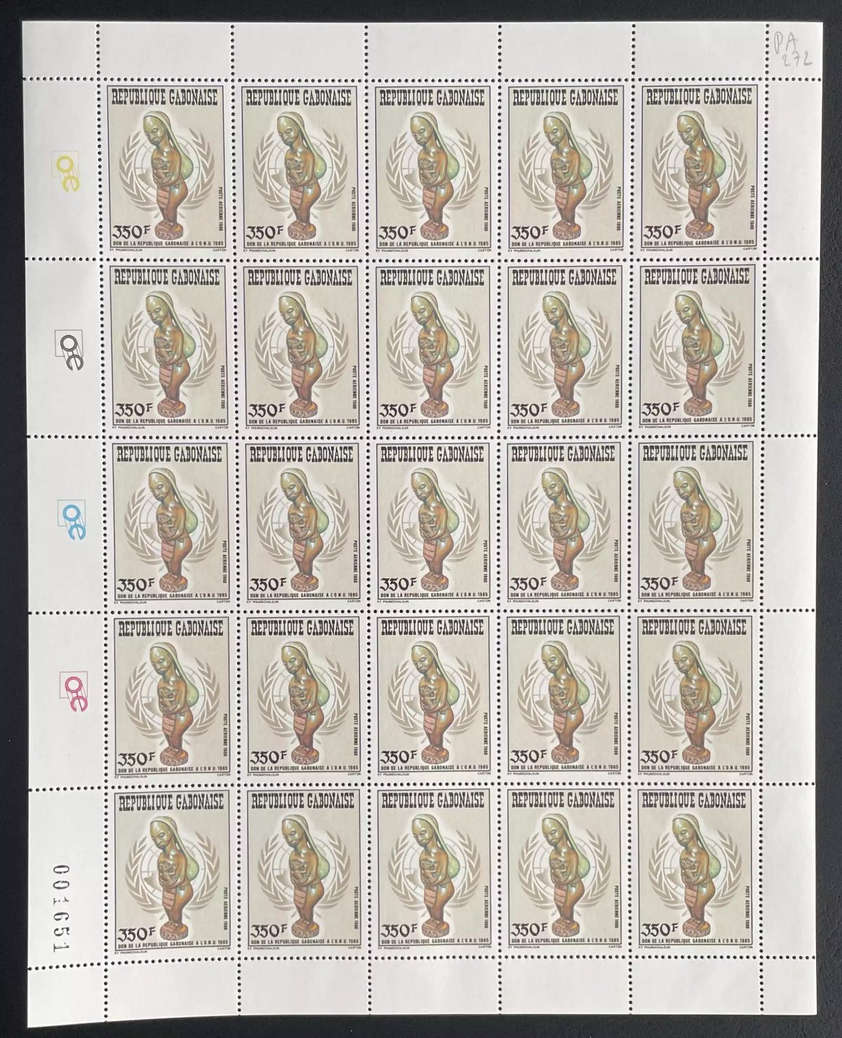 Gabon 1986 YT PA 272 planche sculpture statue don ONU art africain