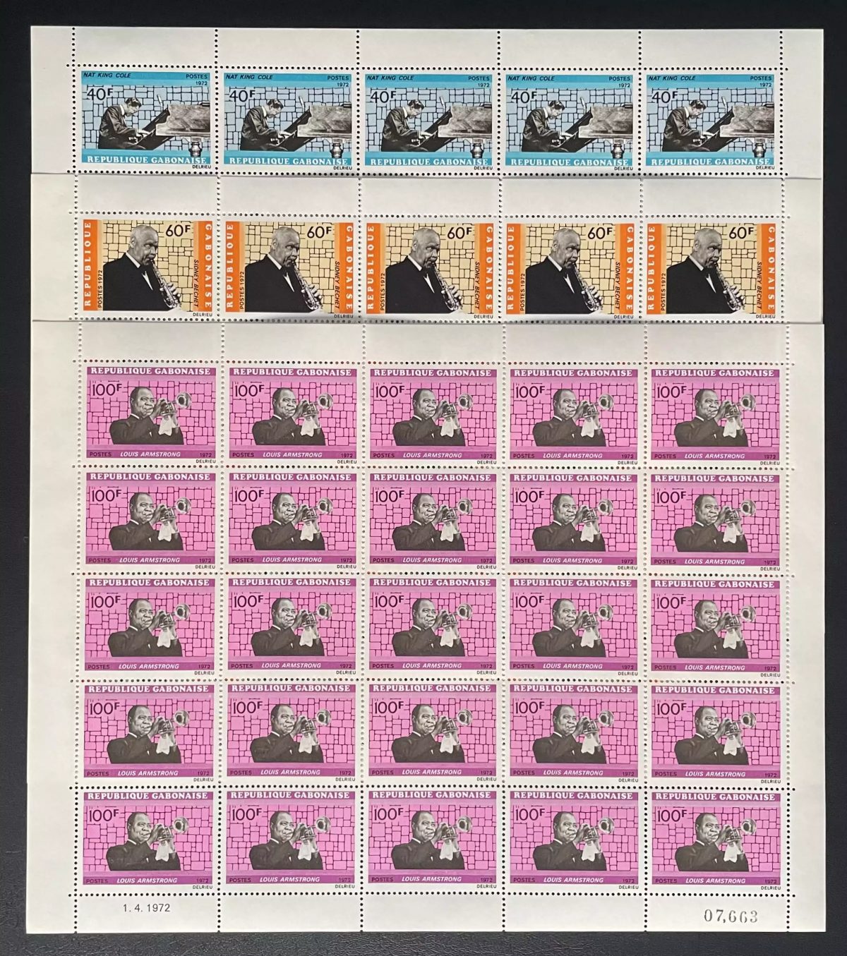Gabon 1972 YT 294-296 planche Nat King Cole Bechet Louis Armstrong jazz musique