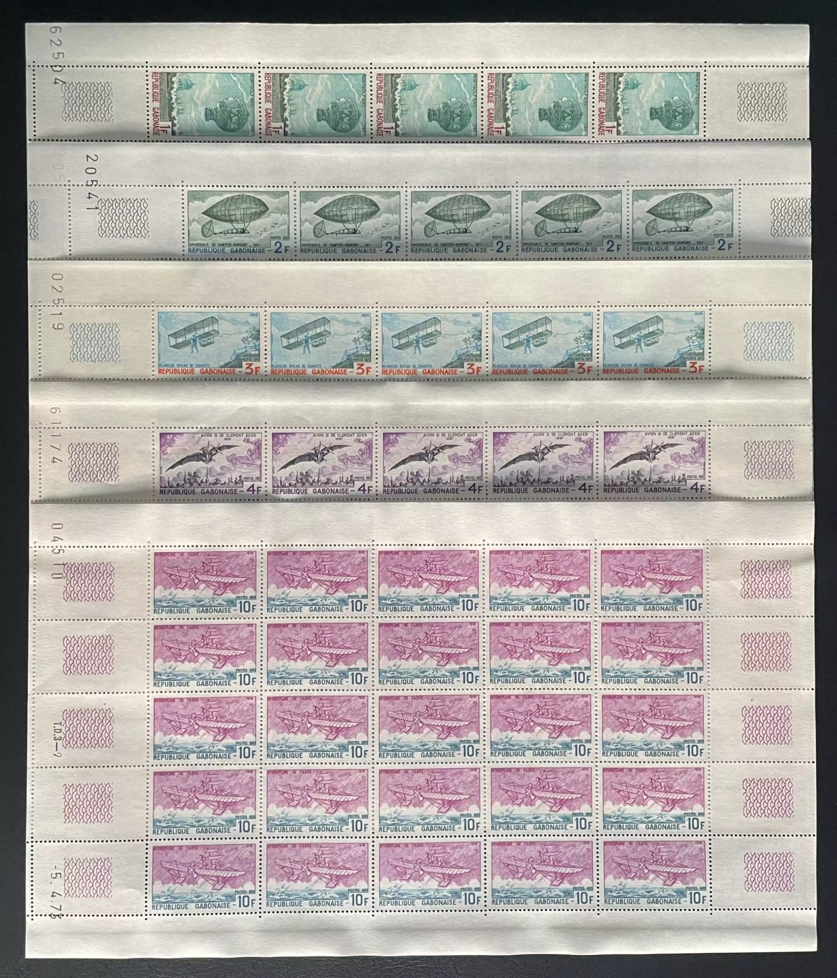 Gabon 1973 YT 310-313 315 planche aviation dirigeable biplan Ader avion