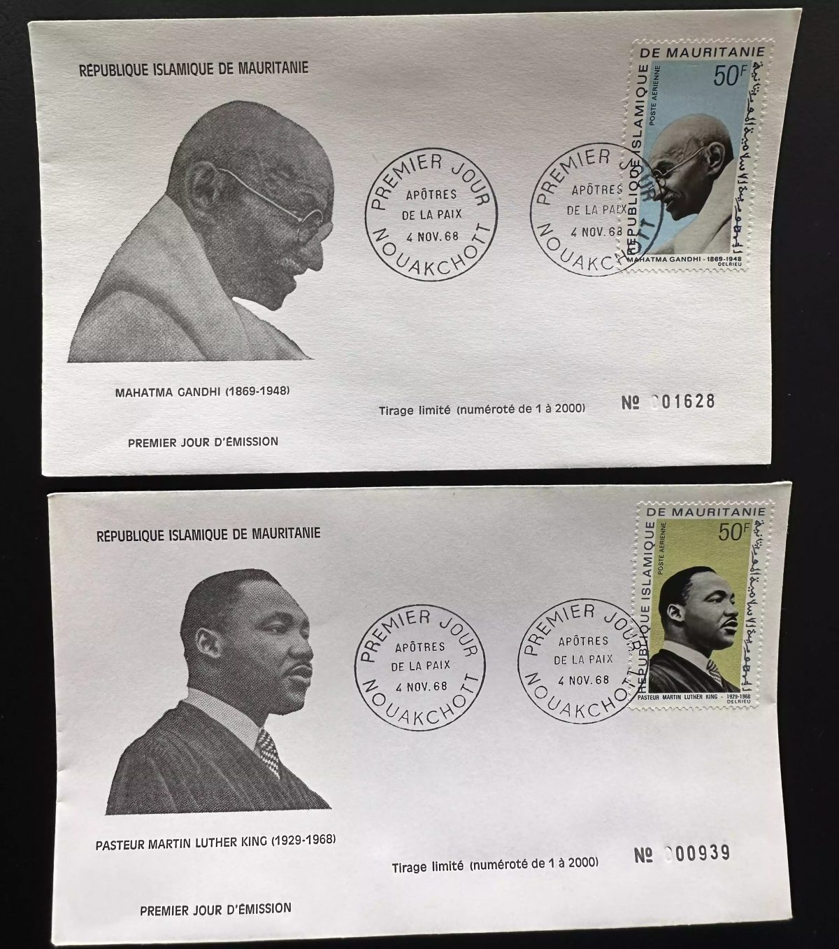 Mauritanie 1968 YT PA 81 82 FDC Gandhi Martin Luther King paix non-violence