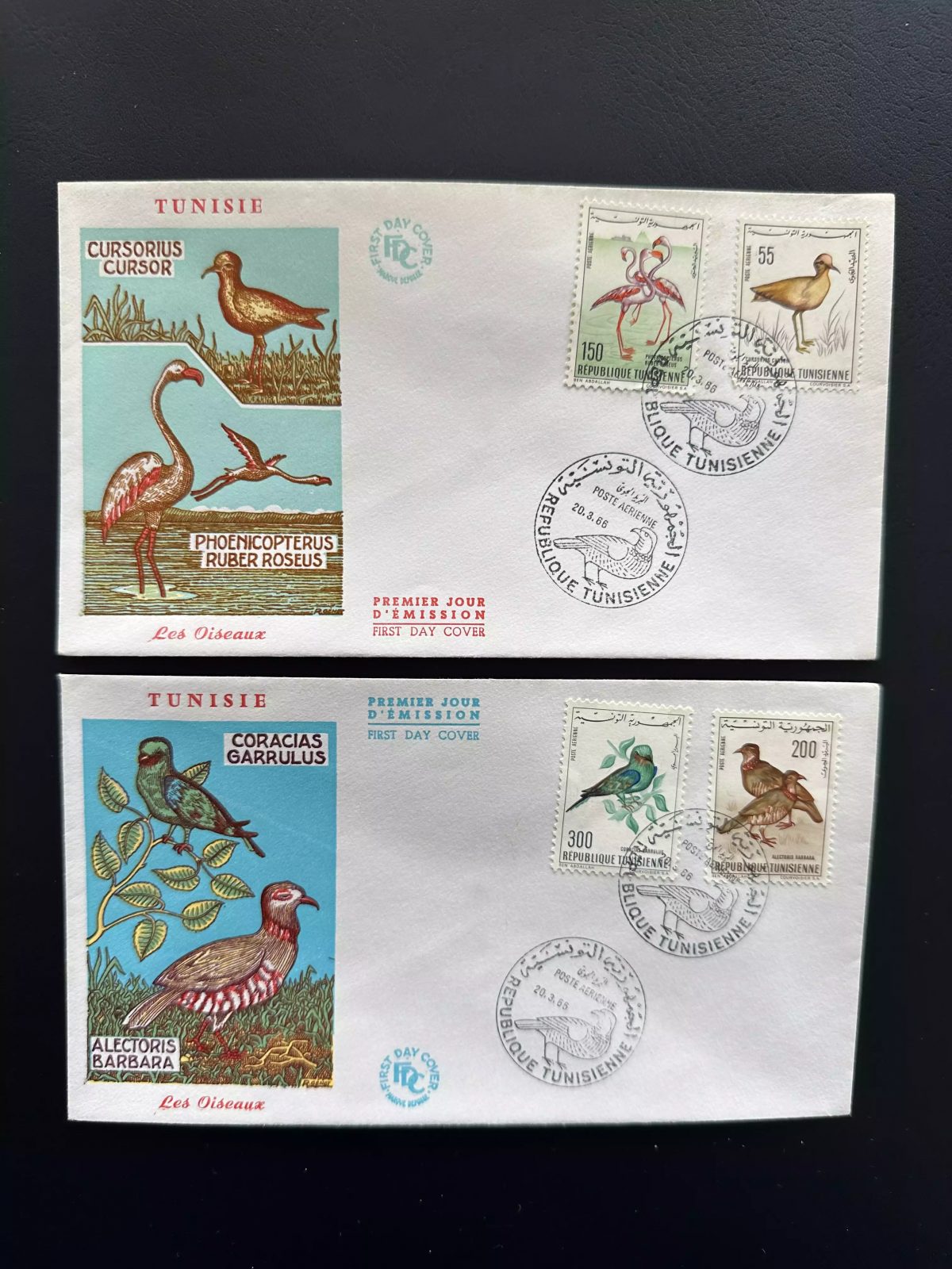 Tunesien 1966 YT PA 26 28 29 33 FDC Vögel Flamingo Rebhuhn Blauracke
