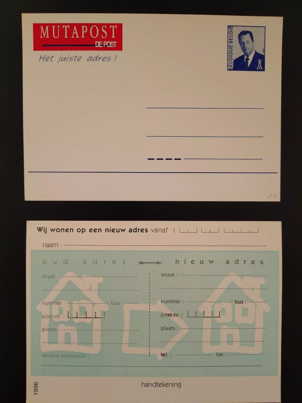 Belgique entier postal Mutapost changement adresse carte neuve 1996 NL