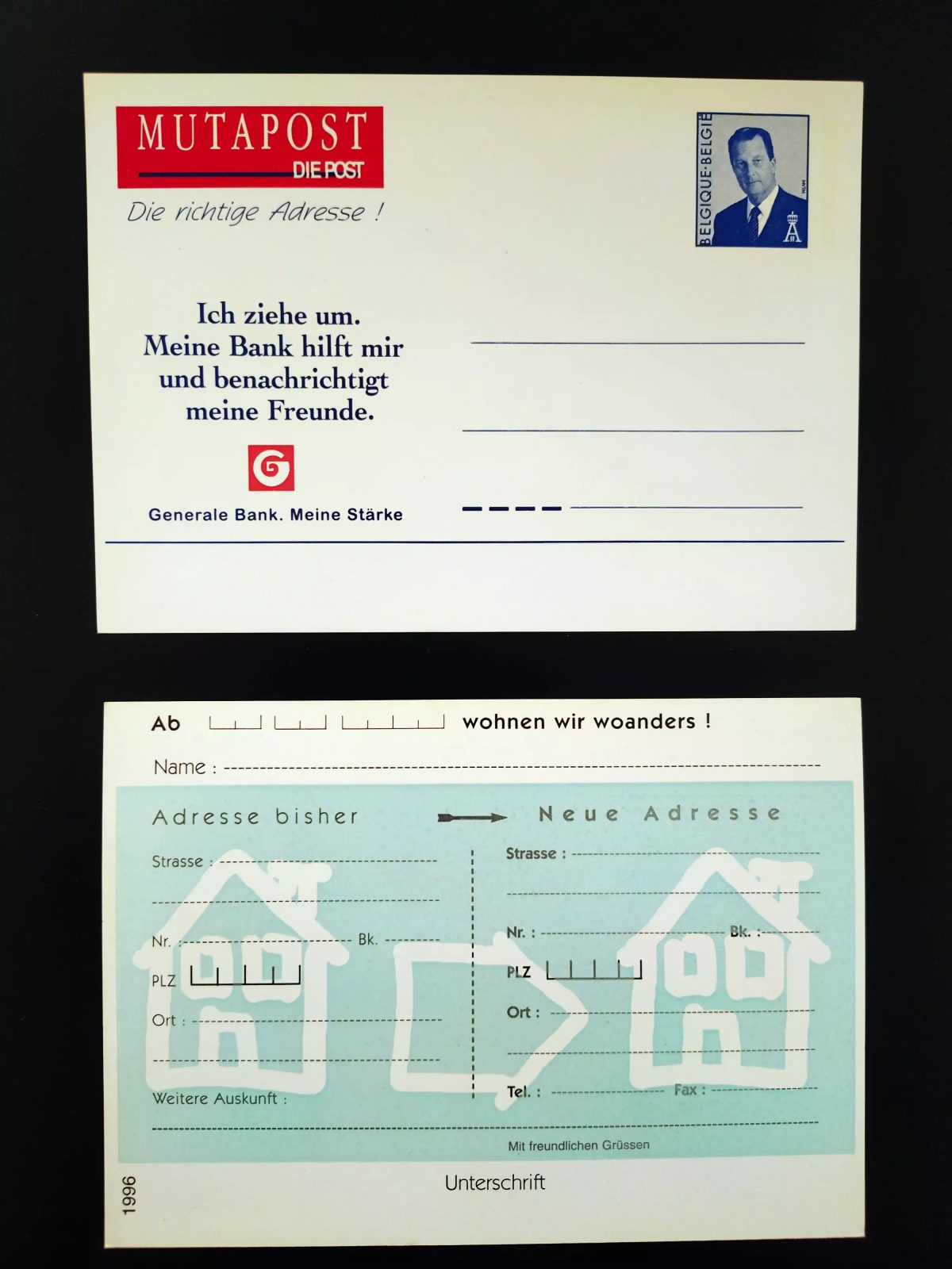 Belgique entier postal Mutapost Generale Bank changement adresse neuf DE