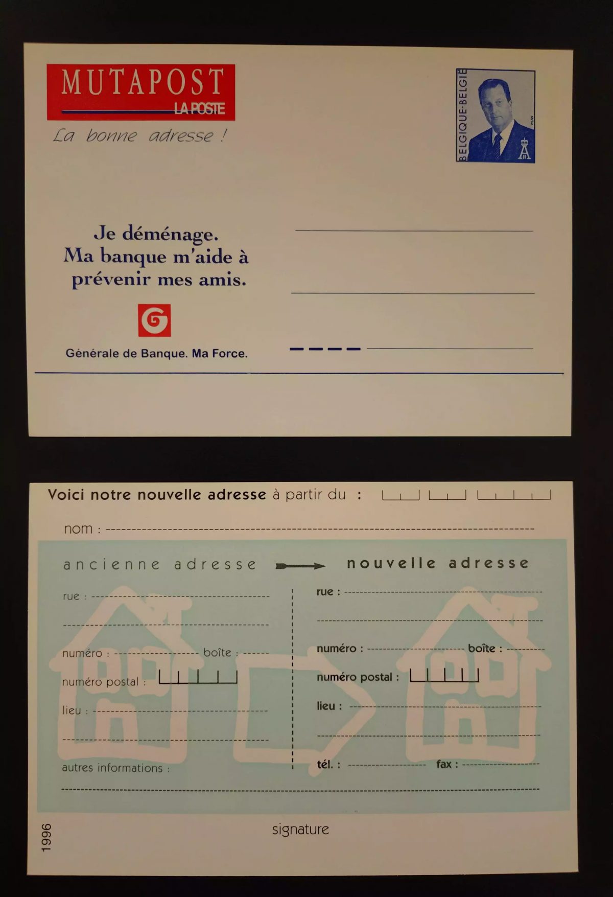 Belgique Mutapost entier postal Générale de Banque changement adresse 1996 FR