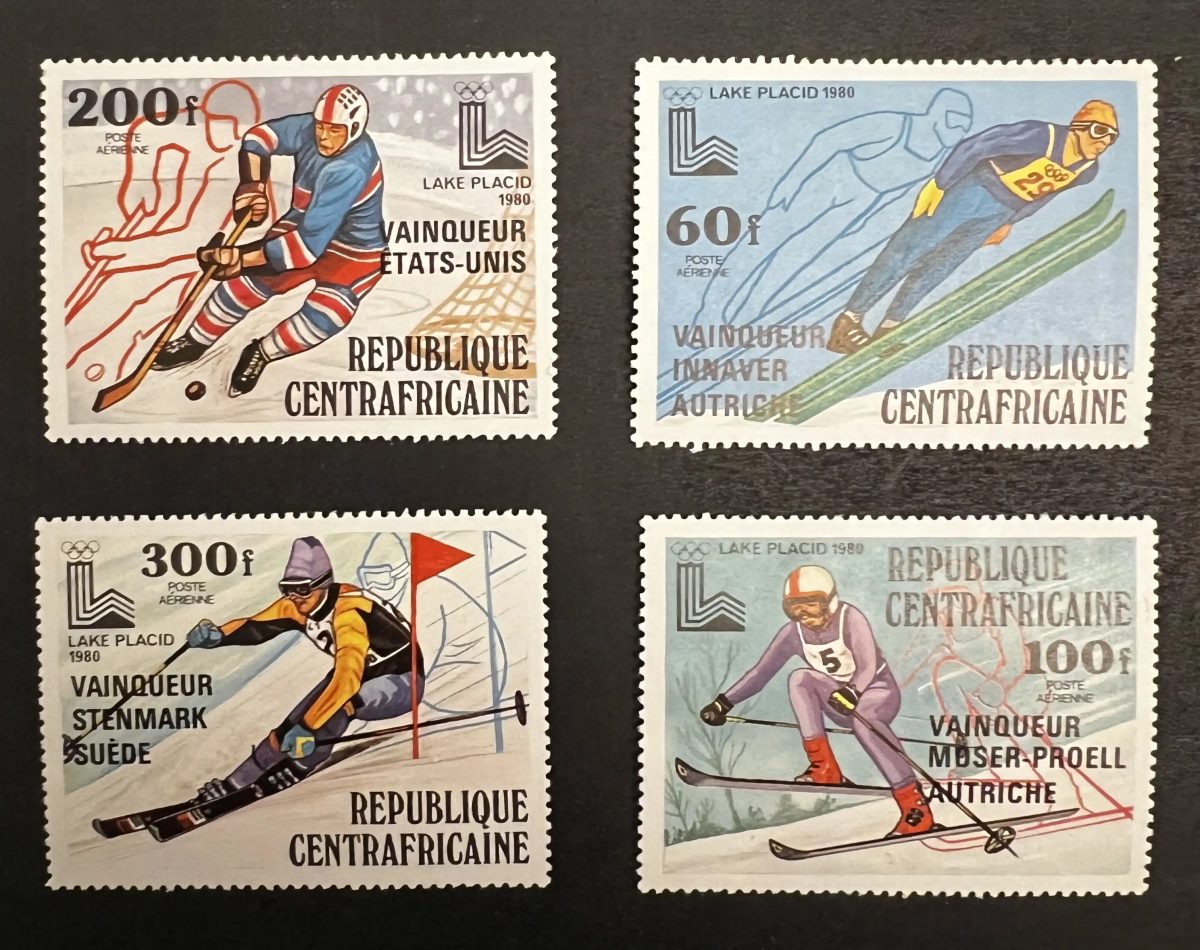 Centrafrique 1980 Mi. 672-675A surchargé JO Lake Placid ski hockey