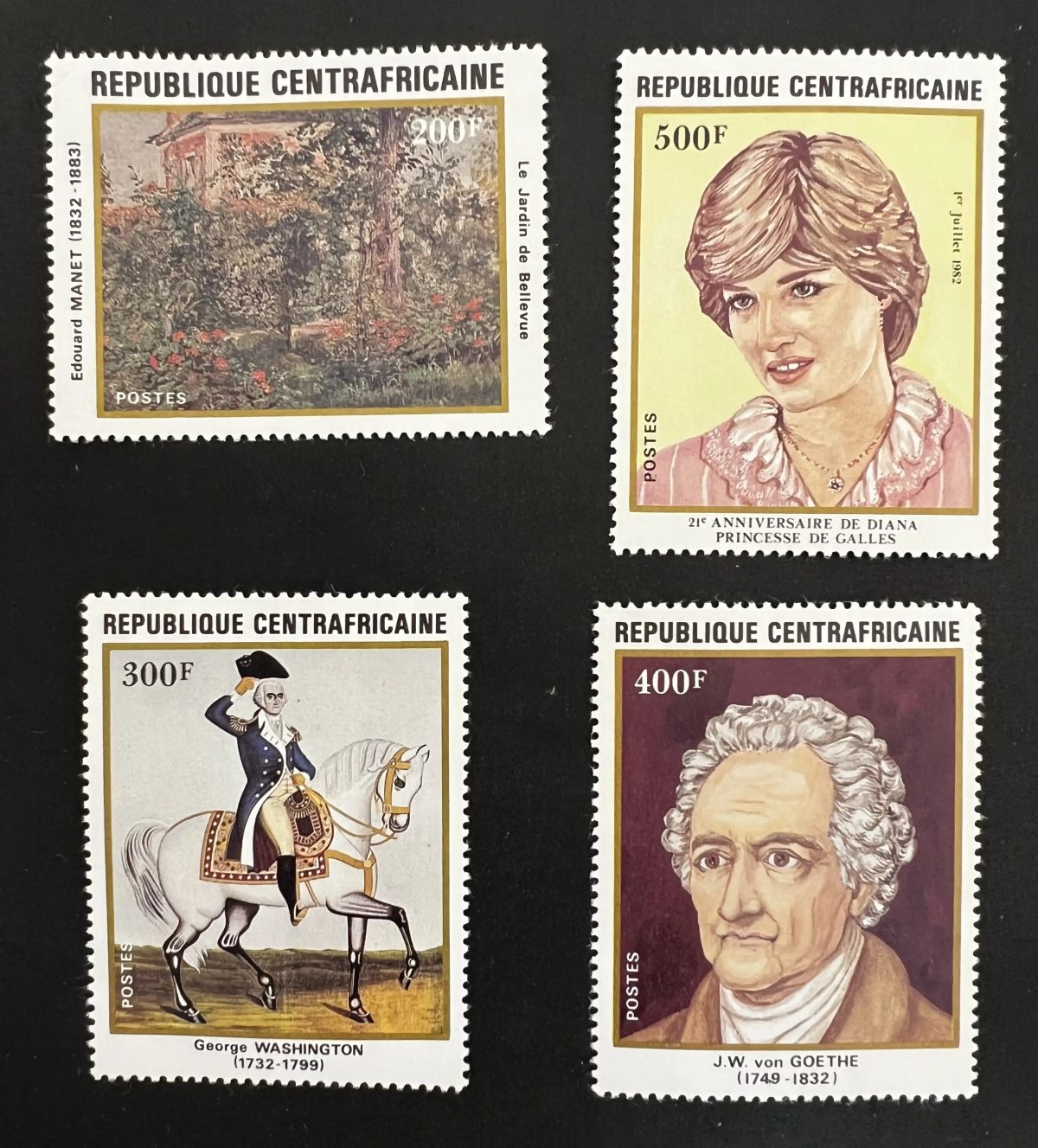 Centrafrique 1982 Mi. 834-837 Manet Diana Washington Goethe