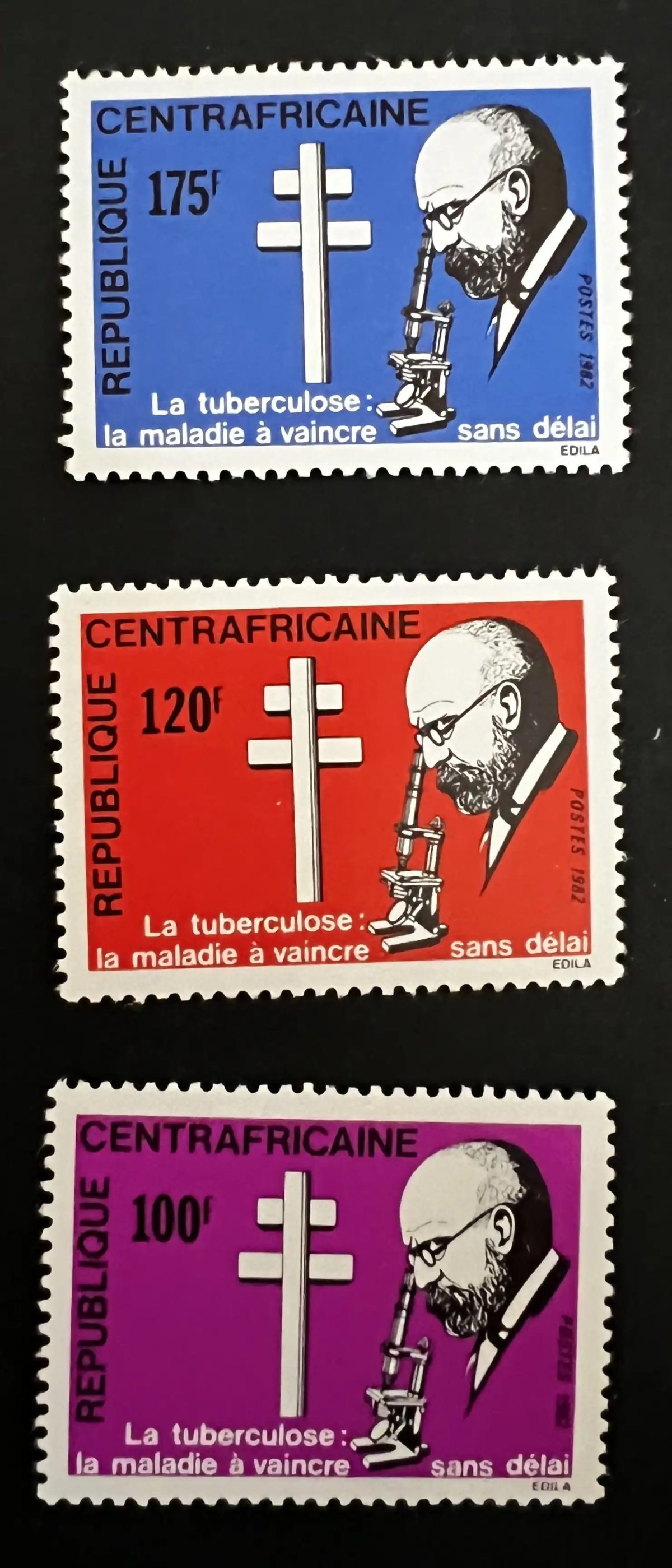 Central Africa 1982 Mi. 893-895 Tuberculosis Koch Microscope Cross