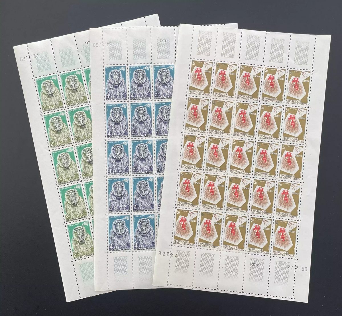 Haute-Volta 1960 YT 75-77 planche masques africains art tribal faune Singe