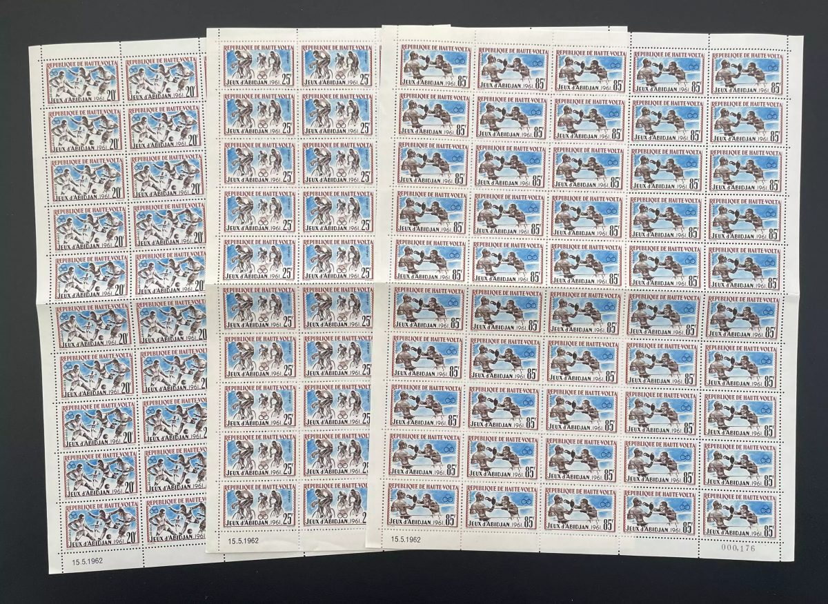 Haute-Volta 1962 YT 104-106 planche Jeux Abidjan football cyclisme boxe