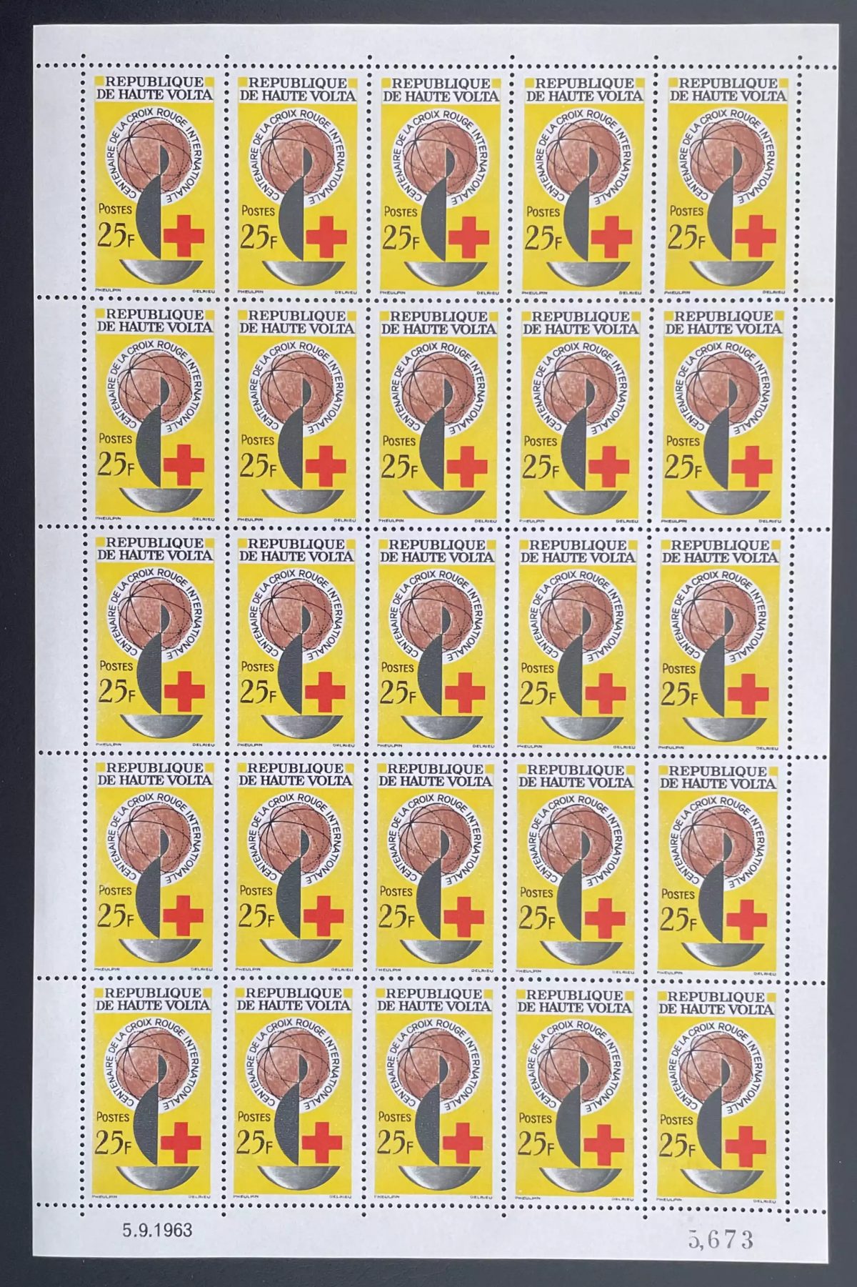 Haute-Volta 1963 YT 129 planche Croix-Rouge centenaire Dunant globe santé