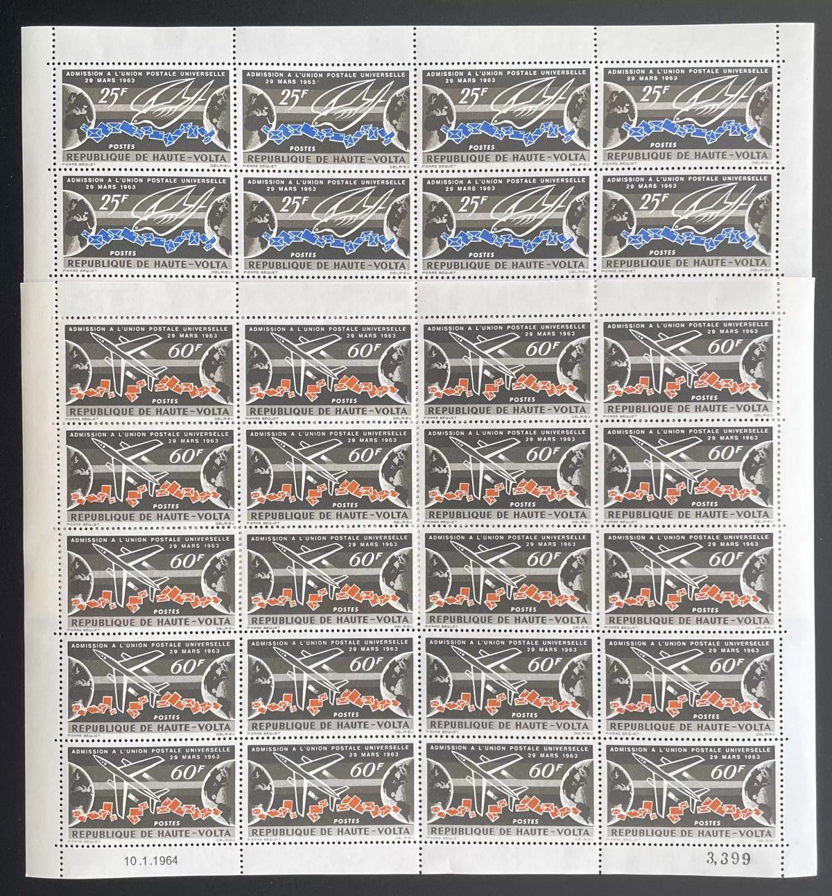 Upper Volta 1964 YT 133-134 sheet UPU Universal Postal Union plane bird